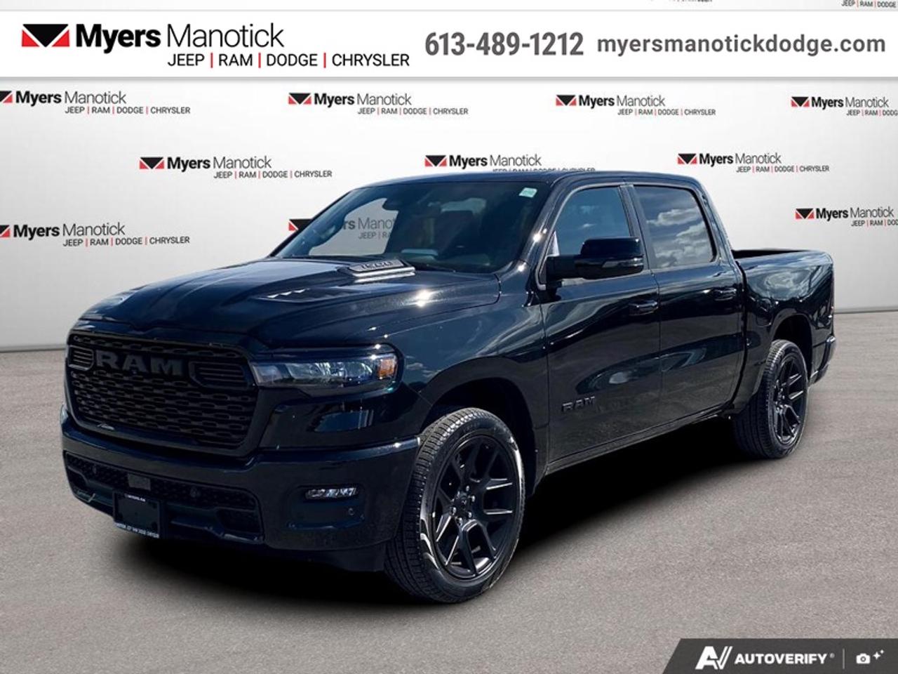 <b>Leather Seats, Night Edition, Sunroof, Sport Performance Hood!</b><br> <br> Call 613-489-1212 to speak to our friendly sales staff today, or come by the dealership!<br> <br>The 2026 Ram 1500 delivers exceptional performance, refined comfort, and cutting-edge innovation for every road ahead.<br> <br>The Ram 1500s unmatched luxury transcends traditional pickups without compromising its capability. Loaded with best-in-class features, its easy to see why the Ram 1500 is so popular. With the most towing and hauling capability in a Ram 1500, as well as improved efficiency and exceptional capability, this truck has the grit to take on any task.<br> <br>This Diamond Black Crystal Pearl Crew Cab 4X4 pickup has an Automatic transmission and is powered by a 420HP 3.0L Straight 6 Cylinder Engine. <br> <br> Our 1500s trim level is Sport. This Ram 1500 in Sport trim rewards you with front heated seats, a leather-wrapped heated steering wheel, a 360 camera system, a 10-speaker Alpine audio, and a 12-inch infotainment screen with inbuilt navigation, Apple CarPlay and Android Auto, and 4G LTE Wi-Fi hotspot. Additional features include class IV towing equipment, aluminum wheels, power adjustable pedals, intersection collision assist, evasion assist, lane keep assist with lane departure warning, and even more! This vehicle has been upgraded with the following features: Leather Seats, Night Edition, Sunroof, Sport Performance Hood.<br><br> View the original window sticker for this vehicle with this url <b><a href=http://www.chrysler.com/hostd/windowsticker/getWindowStickerPdf.do?vin=3C6SRFVP0T4163716 target=_blank>http://www.chrysler.com/hostd/windowsticker/getWindowStickerPdf.do?vin=3C6SRFVP0T4163716</a></b>.<br> <br>To apply right now for financing use this link: <a href=https://CreditOnline.dealertrack.ca/Web/Default.aspx?Token=3206df1a-492e-4453-9f18-918b5245c510&Lang=en target=_blank>https://CreditOnline.dealertrack.ca/Web/Default.aspx?Token=3206df1a-492e-4453-9f18-918b5245c510&Lang=en</a><br> <br/>Weve discounted this vehicle $8500. Total rebate of $8250 is reflected in the price. <br> Buy this vehicle now for the lowest weekly payment of <b>$225.50</b> with $0 down for 96 months @ 5.29% APR O.A.C. ( Plus applicable taxes - $1199 fees included in price **Rebates may not be applicable on all purchase types [cash, lease, or finance]. Eligibility and conditions may vary. Please see dealer for full details and confirmation of eligibility. ). Incentives expire 2026-08-31. See dealer for details. <br><br>If youre looking for a Dodge, Ram, Jeep, and Chrysler dealership in Ottawa that always goes above and beyond for you, visit Myers Manotick Dodge today! Were more than just great cars. We provide the kind of world-class Dodge service experience near Kanata that will make you a Myers customer for life. And with fabulous perks like extended service hours, our 30-day tire price guarantee, the Myers No Charge Engine/Transmission for Life program, and complimentary shuttle service, its no wonder were a top choice for drivers everywhere. Get more with Myers!<br> Come by and check out our fleet of 30+ used cars and trucks and 50+ new cars and trucks for sale in Manotick.  o~o
