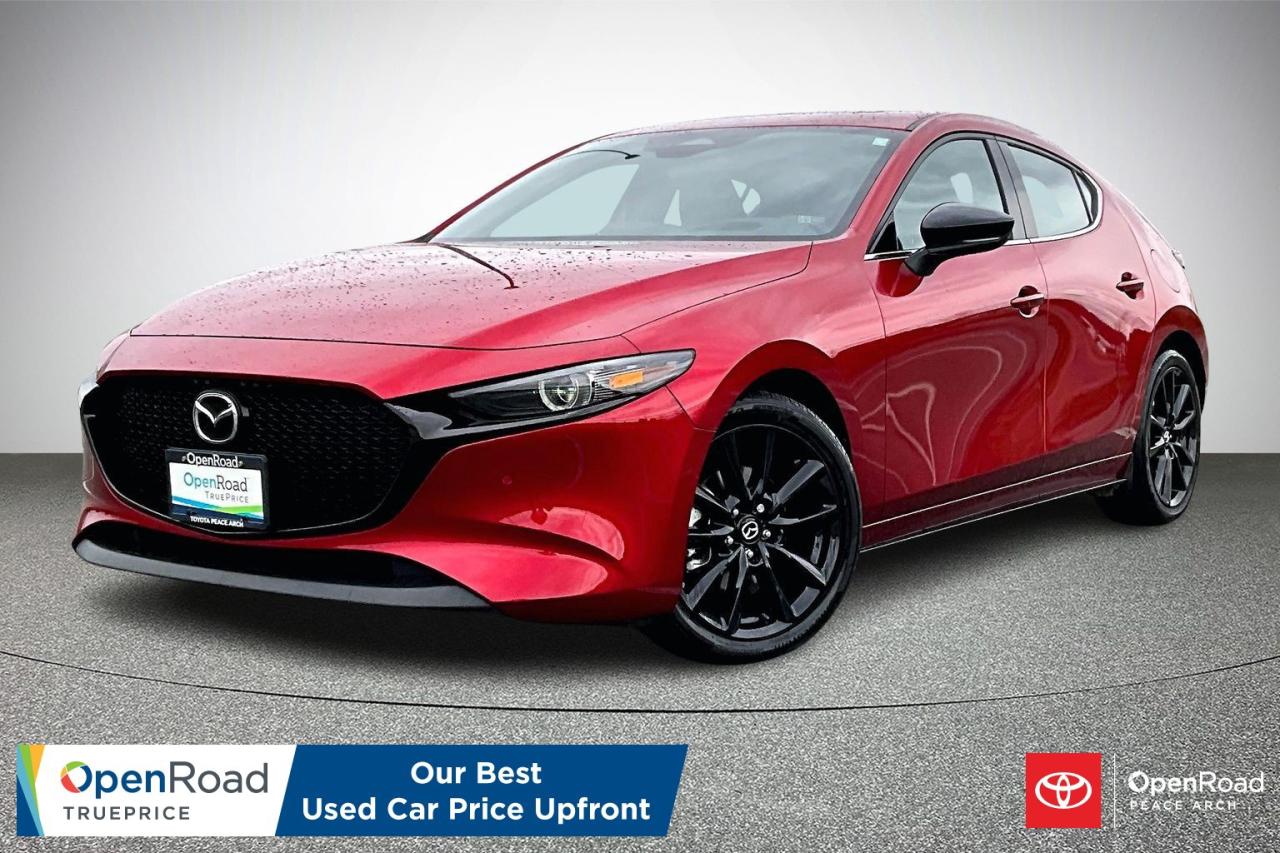 The 2025 Mazda Mazda3 Sport GT with Turbo Auto and i-Activ AWD blends refined design with confident performance. A turbocharged 2.5-litre Skyactiv-G engine paired to a six-speed automatic delivers strong acceleration and responsive handling, while all-wheel drive enhances traction in all conditions. Exterior highlights include LED lighting, 18-inch alloy wheels, and a dual exhaust. The upscale cabin features leather upholstery, heated front seats and steering wheel, driver memory, navigation, and a Bose premium audio system. Advanced safety technologies include blind-spot monitoring, lane-keep assist, adaptive cruise control, and a rearview camera.  Have confidence with your OpenRoad purchase! Every OpenRoad Certified Pre-Owned vehicle comes fully reconditioned and complete with a comprehensive 153 point mechanical inspection, a CarFax history & lien report, a 3-Day Money Back Guarantee, a 30-Day/2,000 kms Exchange Policy, a 90-Day/5,000 kms Powertrain Warranty, guaranteed clear title, and membership to our exclusive Club OpenRoad! As a proud member of the OpenRoad Auto Group, a trusted name since 2000 serving the Lower mainland (including White Rock, Surrey, Langley, Maple Ridge, Delta, Richmond, Mission and beyond) with outstanding Toyota vehicles, Toyota parts, and Toyota service since 1966! OpenRoad Toyota Peace Arch is a &ldquo;True Price&rdquo; dealer, meaning no inflated prices, and no need for back and forth haggling! We use up to the minute technology offering LIVE MARKET VALUE PRICING to ensure you are receiving the most competitive price possible on all of our Pre-Owned vehicles!  All advertised vehicle prices do not include our $599 documentation fee.