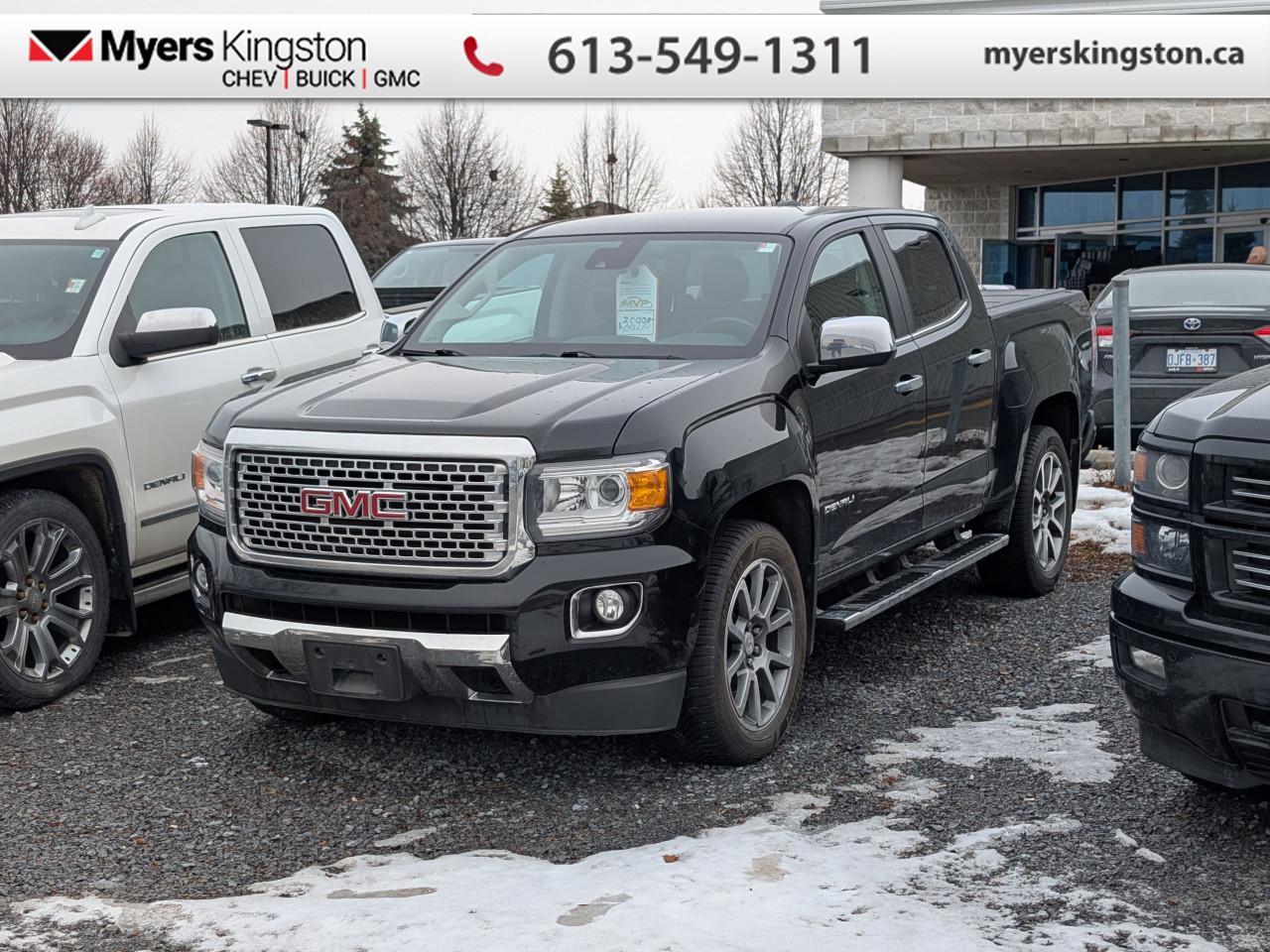 Exceptionally stable and very capable of hauling the trickiest of loads, this GMC Canyon is the perfect multi-purpose everyday truck. This 2020 GMC Canyon is for sale today in Kingston. <br> <br>This GMC Canyon is built around the idea of a all-in-one work truck, providing the durability and premium detail you expect from a Professional Grade GMC pickup. Capable, versatile and entirely refined, this mid-size Canyon balances power and technology in a package that is spacious and efficient. Whether you need a pickup truck for some occasional hauling, off-road fun, or you just want to have a pickup truck, this premium GMC Canyon fits the bill. It has almost as much capability as its bigger counterparts, but its easier to maneuver, easier to park, and will provide you with better fuel economy. Where ever you and your family go, go confidently in this GMC Canyon that personifies GMCs attitude and dedication to precision. This Crew Cab 4X4 pickup has 108,200 km. Its Black* in colour. It has an Automatic transmission and is powered by a 308HP 3.6L V6 Cylinder Engine. It may have some remaining factory warranty, please check with dealer for details.<br> <br>To apply right now for financing use this link: <a href=https://www.taylorautomall.com/finance/apply-for-financing/ target=_blank>https://www.taylorautomall.com/finance/apply-for-financing/</a><br><br> <br/><br> Buy this vehicle now for the lowest bi-weekly payment of <b>$242.99</b> with $0 down for 96 months @ 8.99% APR O.A.C. ( Plus applicable taxes -  Plus applicable fees   ).  See dealer for details. <br> <br>For more information, please call any of our knowledgeable used vehicle staff at (613) 549-1311!<br><br> Come by and check out our fleet of 30+ used cars and trucks and 200+ new cars and trucks for sale in Kingston.  o~o