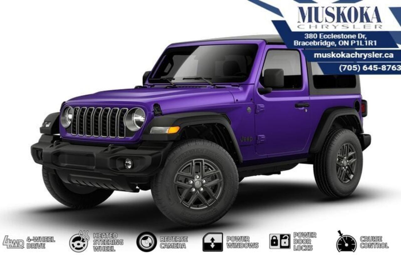 This JEEP WRANGLER SPORT S, with a 2.0L I-4 intercooled turbo engine engine, features a 8-speed automatic transmission, and generates 10.2 highway/11.6 city L/100km. Find this vehicle with only 0 kilometers!  JEEP WRANGLER SPORT S Options: This JEEP WRANGLER SPORT S offers a multitude of options. Technology options include: 1 LCD Monitor In The Front, MP3 Capability, Radio w/Seek-Scan, Clock, Speed Compensated Volume Control, Aux Audio Input Jack, Steering Wheel Controls, Voice Activation, Radio Data System and External Memory Control, Satellite Radio.  Safety options include Variable Intermittent Wipers, Airbag Occupancy Sensor, Curtain 1st And 2nd Row Airbags, Dual Stage Driver And Passenger Front Airbags, Dual Stage Driver And Passenger Seat-Mounted Side Airbags.  Visit Us: Find this JEEP WRANGLER SPORT S at Muskoka Chrysler today. We are conveniently located at 380 Ecclestone Dr Bracebridge ON P1L1R1. Muskoka Chrysler has been serving our local community for over 40 years. We take pride in giving back to the community while providing the best customer service. We appreciate each and opportunity we have to serve you, not as a customer but as a friend