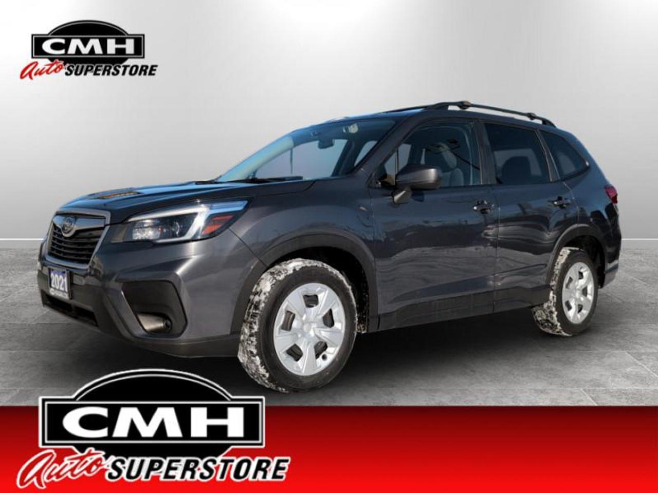 <b>GREAT MILEAGE AND SERVICE HISTORY !! AWD W/EYESIGHT !! REAR CAMERA, ADAPTIVE CRUISE CONTROL, LANE ASSIST, BLIND SPOT MONITORING, BRAKE ASSIST, APPLE CARPLAY, ANDROID AUTO, STEERING WHEEL CONTROLS, HEATED FRONT SEATS, 17-IN STEEL WHEELS W/PLASTIC COVERS</b><br>  <br>CMH certifies that all vehicles meet DOUBLE the Ministry standards for Brakes and Tires. The advertised price is the promotional financing price. For all other methods of payment, the selling price is $500 higher.<br><br> <br>This 2021 Subaru Forester is for sale today. <br> <br>The 2021 Subaru Forester has been redesigned inside and out to provide new comfort, technology, and connectivity while sacrificing none of the capability, versatility, and agility you expect from the iconic Forester name. With new technologies like X-Mode and SI-Drive, the 2021 Subaru Forester is now more ready than ever for those rugged mountain passes, while the comfort and infotainment technology keeps you connected and comfortable for the daily drives. This SUV has 80,468 km. Its Grey in colour. It has an Automatic transmission and is powered by a 182HP 2.5L 4 Cylinder Engine.<br> <br>To apply right now for financing use this link: <a href=https://www.cmhniagara.com/financing/ target=_blank>https://www.cmhniagara.com/financing/</a><br><br> <br/><br>**PLEASE NOTE:** The functionality and condition of any accessories and aftermarket parts are not guaranteed by CMH Auto Superstore. Examples of such items include, but are not limited to: tonneau covers, radios, cameras, remote starts, vent visors, roof racks, winches, light bars, headlights/tail lights, center caps, running boards, etc. If an aftermarket part is safety-related and found to be defective, it will be replaced by a factory option.<br><b>**CMH Auto Superstore reserves the right to choose to repair, modify, or replace all aftermarket parts (example  headlights) or accessories at its sole discretion.**</b><br><br>Trade-ins are welcome! Financing available OAC ! Price INCLUDES a valid safety certificate! Price INCLUDES a 60-day limited warranty on all vehicles except classic or vintage cars. CMH is a Full Disclosure dealer with no hidden fees. We are a family-owned and operated business for over 30 years! o~o
