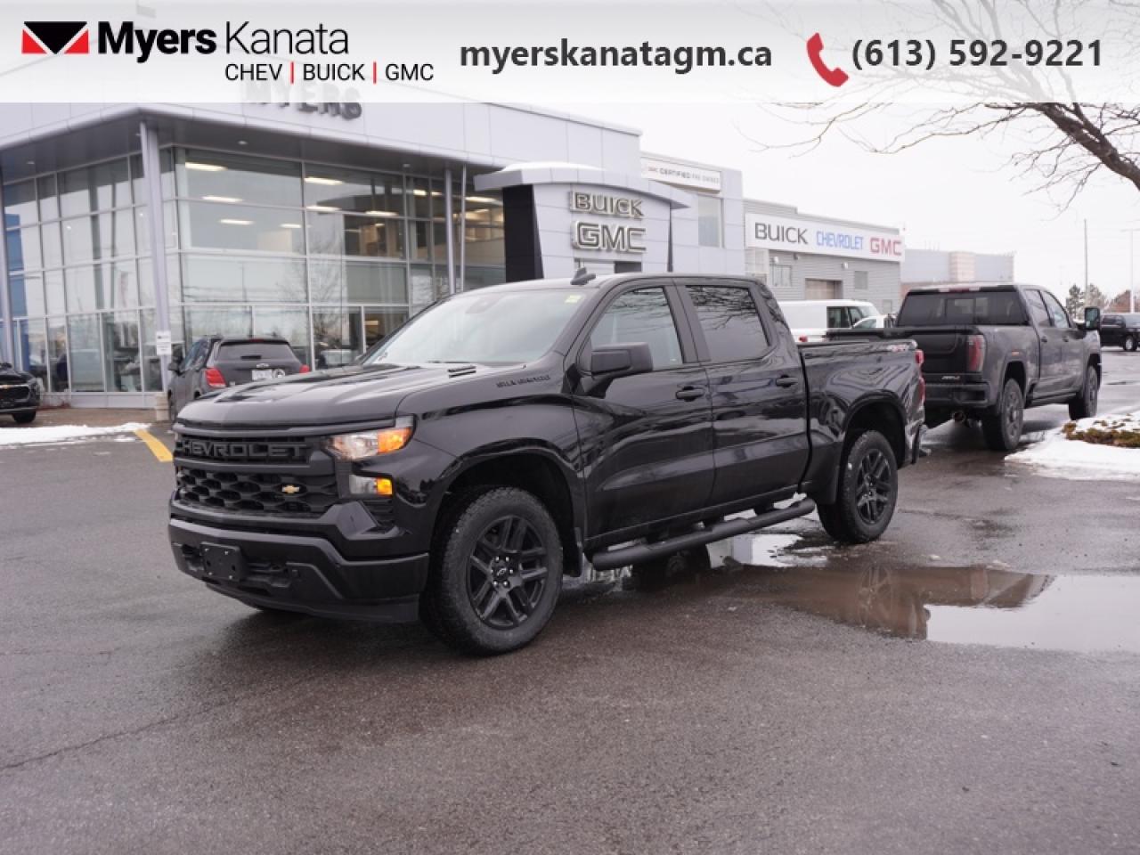 <b>Dark Essential Package, Spray-In Bedliner, Multi-Flex Tailgate, Assist Steps!</b><br> <br> <br> <br>At Myers, we believe in giving our customers the power of choice. When you choose to shop with a Myers Auto Group dealership, you dont just have access to one inventory, youve got the purchasing power of an entire auto group behind you!<br> <br>The 2026 Chevrolet Silverado 1500 blends bold styling, rugged capability and modern technology into a full-size pickup built for whatever you throw at it. <br> <br>The 2026 Chevrolet Silverado 1500 delivers full-size pickup performance with a polished interior and smart technology to meet the demands of both work and play. Inside youll find an interior designed for comfort and connectivity, outfitted with modern amenities and a layout that supports both productivity and leisure. With such versatility, the Silverado 1500 stands ready to take on the tough jobs and the long drives in equal fashion.<br> <br>This Black Crew Cab 4X4 pickup has an Automatic transmission and is powered by a 310HP 2.7L 4 Cylinder Engine. <br> <br> Our Silverado 1500s trim level is Custom. Standard features include a trailering package, remote start, aluminum wheels, hitch guidance, a power locking EZ lift tailgate, and a 7-inch infotainment display with Apple CarPlay and Android Auto. Safety features also include lane keep assist with lane departure warning, following distance indication, forward collision alert, and automatic emergency braking with front pedestrian braking. This vehicle has been upgraded with the following features: Dark Essential Package, Spray-In Bedliner, Multi-Flex Tailgate, Assist Steps.<br><br> <br>To apply right now for financing use this link: <a href=https://www.myerskanatagm.ca/finance/ target=_blank>https://www.myerskanatagm.ca/finance/</a><br><br> <br/> Total  rebate of $5000 is reflected in the price.   Incentives expire 2026-02-02.  See dealer for details. <br> <br>Myers Kanata Chevrolet Buick GMC Inc is a great place to find quality used cars, trucks and SUVs. We also feature over a selection of over 50 used vehicles along with 30 certified pre-owned vehicles. Our Ottawa Chevrolet, Buick and GMC dealership is confident that youll be able to find your next used vehicle at Myers Kanata Chevrolet Buick GMC Inc. You will always find our inventory updated with the latest models. Our team believes in giving nothing but the best to our customers. Visit our Ottawa GMC, Chevrolet, and Buick dealership and get all the information you need today!<br> Come by and check out our fleet of 50+ used cars and trucks and 320+ new cars and trucks for sale in Kanata.  o~o