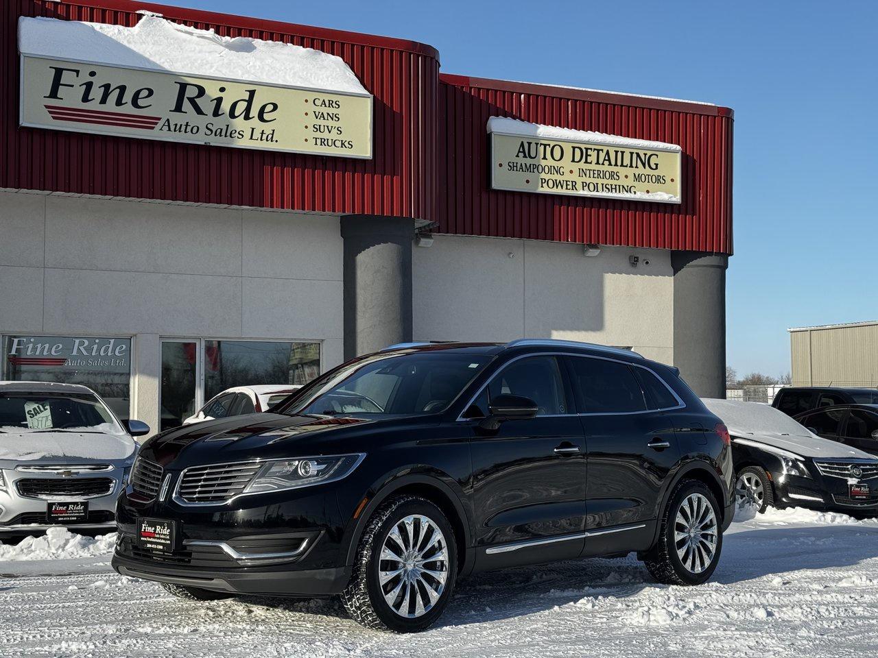 <p>2016 Lincoln MKX Luxury AWD</p><p>2.7LTR V6 Ecoboost<br>A/C<br>Telescopic tilt steering<br>Adaptive cruise control<br>Power windows<br>Power locks<br>Power heated folding mirrors<br>Blind sport detection<br>Lane correction<br>Power seats<br>Power head rests<br>Heated & air-conditioned seats<br>Heated steering wheel<br>Massage seats (front seats)<br>Memory seat (drivers)<br>Rear heated seats<br>Power lift gate<br>205,000 HWY KMS<br>AM/FM radio  /  NAV<br>SYNC by Microsoft  /  Bluetooth<br>Factory remote starter<br>Back up camera with rear parking sensors<br>20 chrome wheels<br>Panoramic sunroof<br>Original Manitoba 1 owner SUV!</p><p>$16,475 Safetied<br>Financing and Warranty Available at Fine Ride Auto Sales Ltd<br>www.FineRideAutoSales.ca</p><p>Call: 204-415-3300 or 1-855-854-3300<br>Text: 204-226-1790<br>View in person at: Unit 3-3000 Main Street</p><p>DLR# 4614<br>**Plus applicable taxes**</p><p></p><p><span style=color:#000000;><span style=font-family:book antiqua, palatino, serif;font-size:14pt;>Monday                9am to 6pm</span></span><br><span style=color:#000000;><span style=font-family:book antiqua, palatino, serif;font-size:14pt;>Tuesday               9am to 6pm</span></span><br><span style=color:#000000;><span style=font-family:book antiqua, palatino, serif;font-size:14pt;>Wednesday               9am to 6pm</span></span><br><span style=color:#000000;><span style=font-family:book antiqua, palatino, serif;font-size:14pt;>Thursday                9am to 6pm</span></span><br><span style=color:#000000;><span style=font-family:book antiqua, palatino, serif;font-size:14pt;>Friday                9am to 5pm</span></span><br><span style=color:#000000;><span style=font-family:book antiqua, palatino, serif;font-size:14pt;>Saturday                             10am to 2pm</span></span><br><span style=color:#000000;><span style=font-family:book antiqua, palatino, serif;font-size:14pt;>Sunday                    CLOSED</span></span></p>