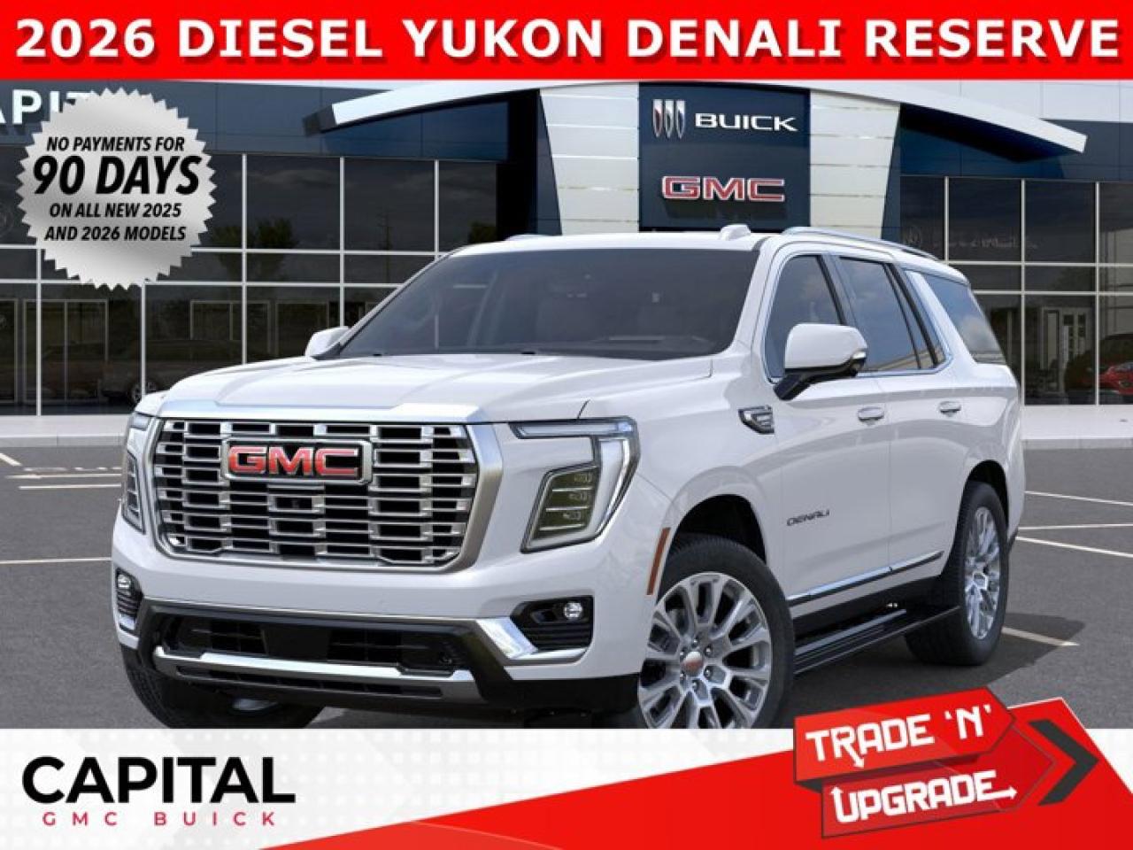 Check out this 2026 GMC Yukon Denali DIESEL with the RESERVE PACKAGE... Fully equipped with Heated and Cooled Seats, Heated Steering, Dual Rear Media Screens, 22 INCH WHEELS, Panoramic Sunroof, Power Assist Steps, Heads-up Display, Rear Streaming Camera Mirror, 360 CAM, Rear Heated Seats, Remote Start and a TON more options... Dont miss out on the most fuel-efficient Full Size Luxury SUV on the market...Ask for the Internet Department for more information or book your test drive today! Text 825-445-0521 for fast answers at your fingertips!AMVIC Licensed Dealer - Licence Number B1044900Disclaimer: All prices are plus taxes and include all cash credits and loyalties. See dealer for details. AMVIC Licensed Dealer # B1044900