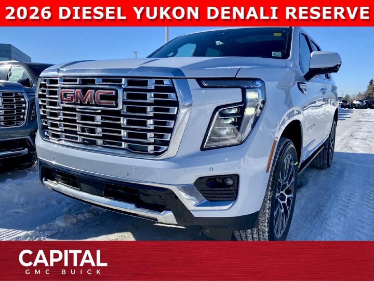 Check out this 2026 GMC Yukon Denali DIESEL with the RESERVE PACKAGE... Fully equipped with Heated and Cooled Seats, Heated Steering, Dual Rear Media Screens, 22 INCH WHEELS, Panoramic Sunroof, Power Assist Steps, Heads-up Display, Rear Streaming Camera Mirror, 360 CAM, Rear Heated Seats, Remote Start and a TON more options... Dont miss out on the most fuel-efficient Full Size Luxury SUV on the market...Ask for the Internet Department for more information or book your test drive today! Text 825-445-0521 for fast answers at your fingertips!AMVIC Licensed Dealer - Licence Number B1044900Disclaimer: All prices are plus taxes and include all cash credits and loyalties. See dealer for details. AMVIC Licensed Dealer # B1044900