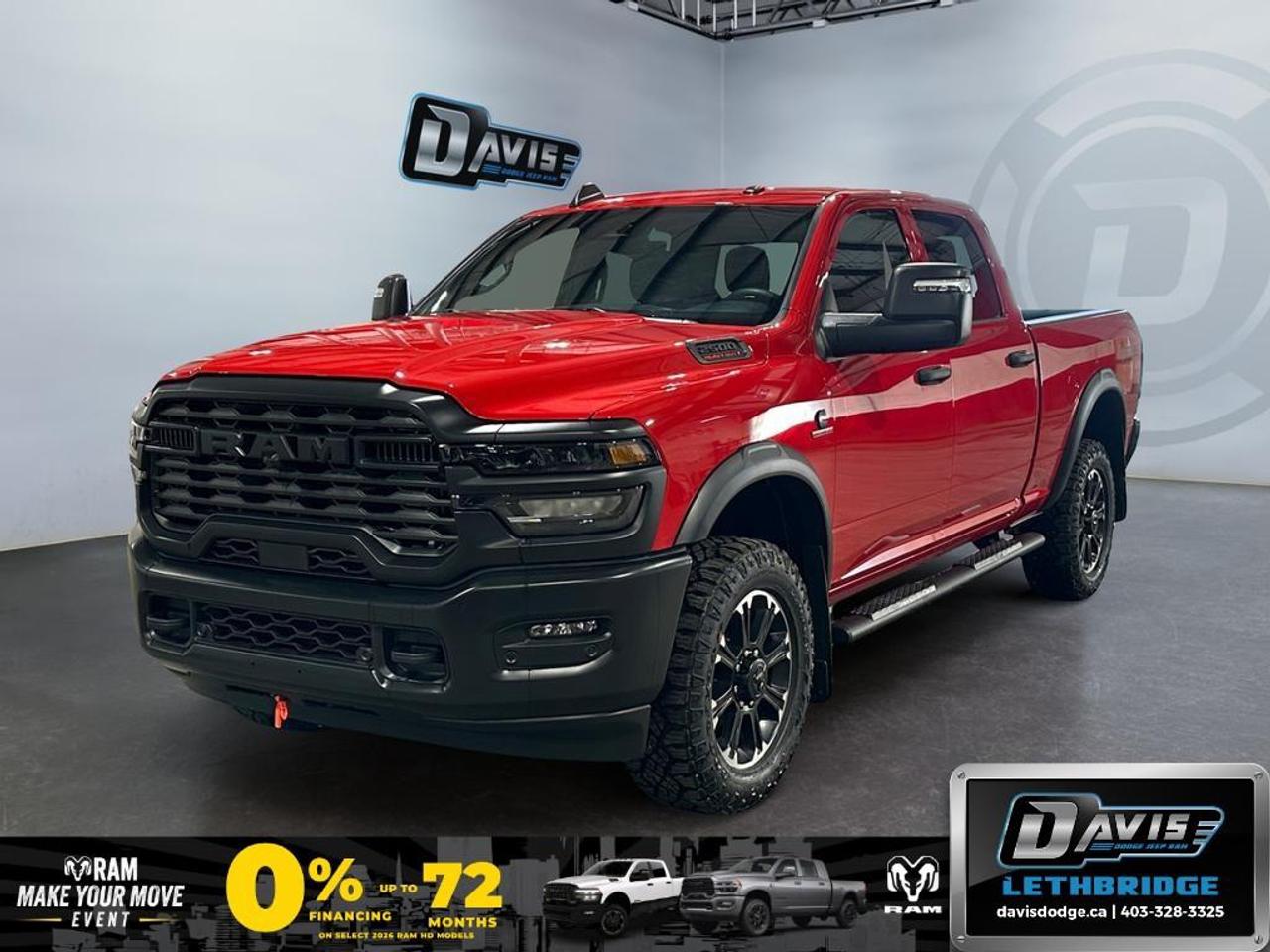 <b>Adaptive Cruise Control, Mobile Hotspot, Apple CarPlay and Android Auto!<br /> <br /></b><br /> 2026 Ram 2500 Warlock 4x4  The 2026 Ram 2500 Warlock is a rugged, heavy-duty truck built to handle any challenge. Powered by a 6.7L Cummins Turbo Diesel I6 engine paired with an 8-speed TorqueFlite HD automatic transmission and 4x4 capability, it delivers impressive towing and payload capacity. With heavy-duty suspension, Class V receiver hitch, trailer sway damping, and off-road tuned shocks, this Warlock is ready for work sites, hauling, and off-road adventures alike.<br /><br />Inside, the Warlock offers both comfort and utility with Uconnect 5 featuring a 12-inch touchscreen, Apple CarPlay, Android Auto, Alexa Built-In, dual-zone climate control, and a full suite of safety technologies including adaptive cruise control with stop, full-speed forward collision warning, and park assist. The cabin is built for practicality with 40/20/40 split bench seats, Mopar rubber floor mats, overhead console, underseat storage, and durable interior trim, making it ideal for both daily driving and demanding jobs.<br /><br />Finished in Flame Red with black accents, the Warlock stands out with black grille and badges, black tubular side steps, black diamond-cut wheels, Warlock decals, and LED lighting throughout. Additional features like capless fuel fill, spray-in bedliner, bed utility group, and off-road info pages make it a capable and stylish truck ready for any terrain. The 2026 Ram 2500 Warlock combines rugged power, advanced technology, and distinctive style into a versatile heavy-duty pickup.<br /> <br />To apply right now for financing use this link: <a href=https://lethbridge.davisdodge.ca/free-credit-check/ target=_blank rel=nofollow noopener noreferrer>https://lethbridge.davisdodge.ca/free-credit-check/</a><br /> <br /><br />As a premier Chrysler, Dodge, Jeep and RAM dealership, Davis Dodge proudly offers an extensive selection of new and used vehicles to meet every drivers needs. Customers across Lethbridge, Fort Macleod, Taber, Claresholm, Coaldale, and beyond trust us for daily vehicle specials, certified service and parts, and a seamless online inventory experience. <br /><br /> With competitive financing options and expert support, we make car buying easy and enjoyable. <br /><br /> Ready to hit the road? Schedule your test drive today at Davis Dodge, your trusted Chrysler, Dodge, Jeep and RAM dealer in Lethbridge, Alberta.<br /><br /> Vehicle pricing offer shown expires 2026-06-30. <br /> Come by and check out our fleet of 60+ used cars and trucks and 100+ new cars and trucks for sale in Lethbridge. o~o