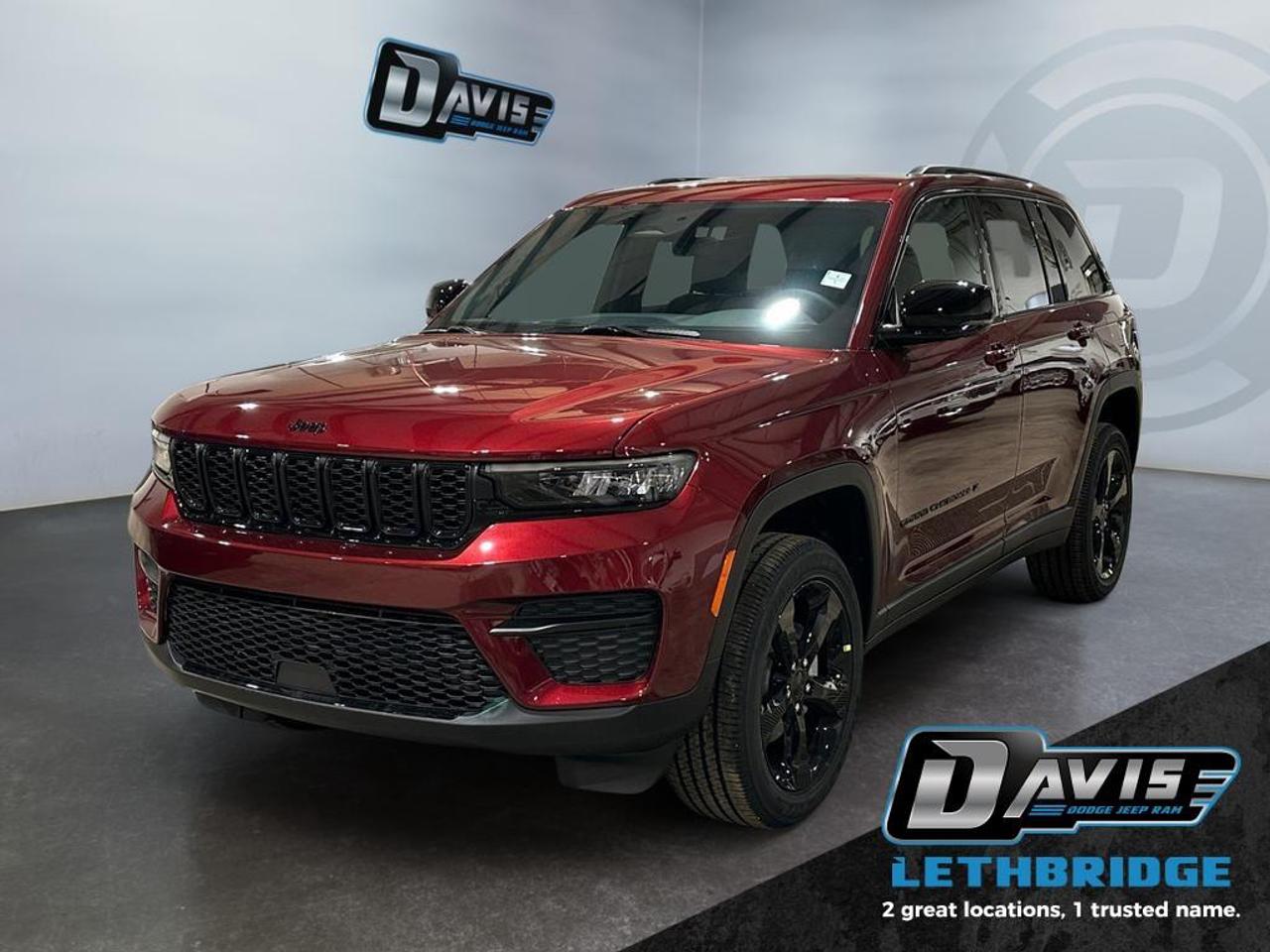 <b>Heated Seats, Heated Steering Wheel, Sunroof, Adaptive Cruise Control!<br /> <br /></b><br /> <br /> <br />The 2025 Jeep Grand Cherokee Altitude 4x4 blends premium style, advanced technology, and confident capability, making it a standout midsize SUV for everyday driving and weekend getaways. Finished in stunning Velvet Red Pearl Coat, this Altitude model features the Laredo Altitude Appearance Package with gloss-black exterior accents, black roof rails, body-color trim, and bold 20-inch gloss-black aluminum wheels, giving it a sleek, upscale presence on the road.<br /><br />Under the hood, the proven 3.6L V6 engine with ESS is paired with an 8-speed automatic transmission and Jeeps Quadra-Trac I® 4WD system for smooth power delivery and confident traction in all conditions. Sport mode, trailer sway control, advanced brake assist, and a refined suspension enhance both performance and ride comfort, while the 23-gallon fuel tank supports longer drives with fewer stops.<br /><br />Inside, the Grand Cherokee Altitude offers a refined cabin with Capri leatherette and suede seats, heated front seats, heated steering wheel, power driver seat, dual-zone automatic climate control, and a power sunroof. Technology highlights include Uconnect 5 with an 8.4-inch touchscreen, Apple CarPlay, Android Auto, wireless charging, 4G LTE Wi-Fi hotspot, and a digital driver display. Safety is well covered with adaptive cruise control with stop-and-go, blind-spot monitoring, active lane management, ParkView rear backup camera, and ParkSense rear park assist. The 2025 Jeep Grand Cherokee Altitude delivers style, comfort, and capability in one confidently designed SUV.<br /> <br />To apply right now for financing use this link: <a href=https://lethbridge.davisdodge.ca/free-credit-check/ target=_blank rel=nofollow noopener noreferrer>https://lethbridge.davisdodge.ca/free-credit-check/</a><br /><br /> <br /><br />As a premier Chrysler, Dodge, Jeep and RAM dealership, Davis Dodge proudly offers an extensive selection of new and used vehicles to meet every drivers needs. Customers across Lethbridge, Fort Macleod, Taber, Claresholm, Coaldale, and beyond trust us for daily vehicle specials, certified service and parts, and a seamless online inventory experience. <br /><br /> With competitive financing options and expert support, we make car buying easy and enjoyable. <br /><br /> Ready to hit the road? Schedule your test drive today at Davis Dodge, your trusted Chrysler, Dodge, Jeep and RAM dealer in Lethbridge, Alberta.<br /><br /> Vehicle pricing offer shown expires 2026-04-30. <br /> Come by and check out our fleet of 70+ used cars and trucks and 110+ new cars and trucks for sale in Lethbridge. o~o