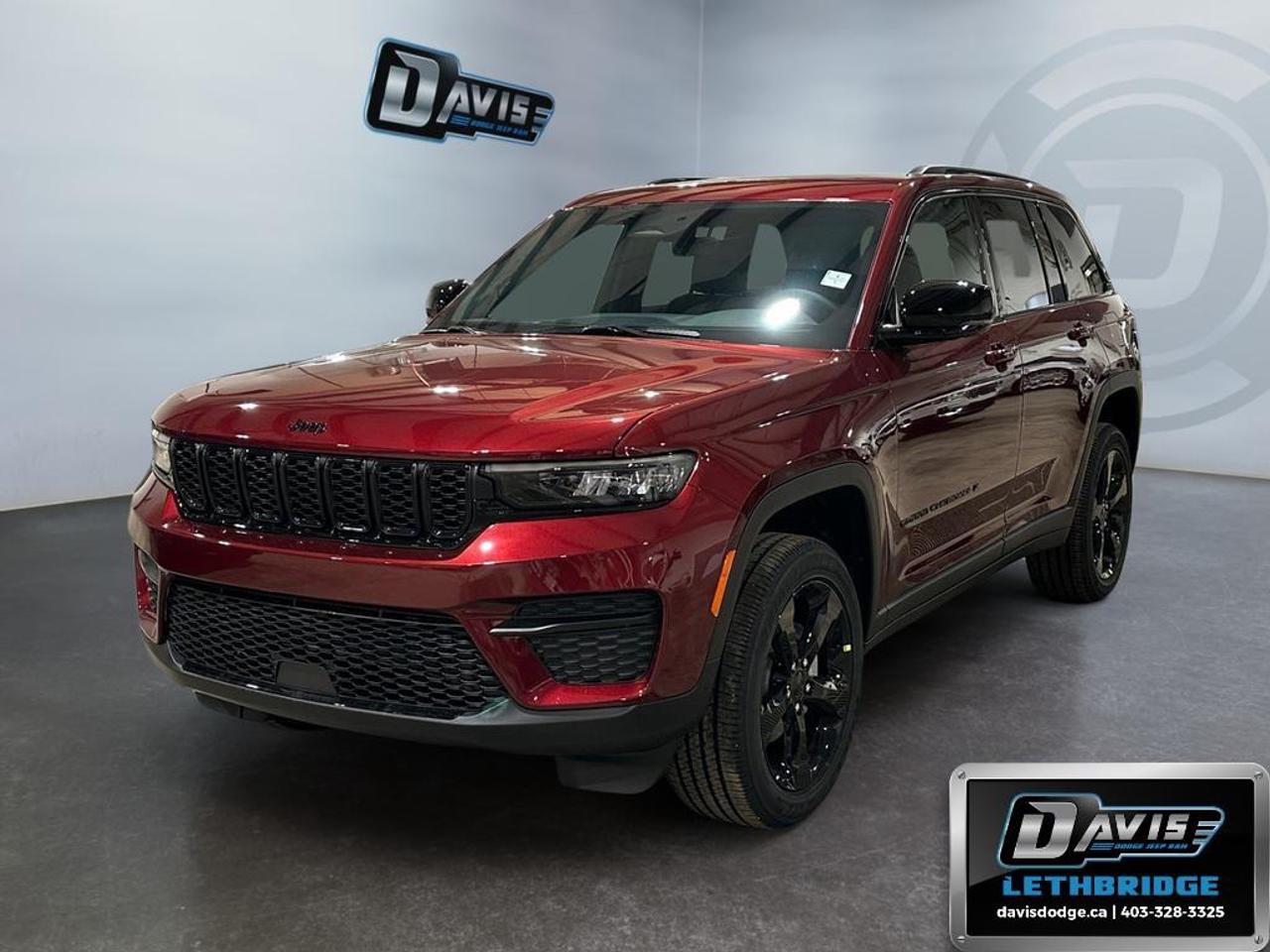 <b>Heated Seats, Heated Steering Wheel, Sunroof, Adaptive Cruise Control!<br /> <br /></b><br /> The 2025 Jeep Grand Cherokee Altitude 4x4 blends premium style, advanced technology, and confident capability, making it a standout midsize SUV for everyday driving and weekend getaways. Finished in stunning Velvet Red Pearl Coat, this Altitude model features the Laredo Altitude Appearance Package with gloss-black exterior accents, black roof rails, body-color trim, and bold 20-inch gloss-black aluminum wheels, giving it a sleek, upscale presence on the road.<br /><br />Under the hood, the proven 3.6L V6 engine with ESS is paired with an 8-speed automatic transmission and Jeeps Quadra-Trac I® 4WD system for smooth power delivery and confident traction in all conditions. Sport mode, trailer sway control, advanced brake assist, and a refined suspension enhance both performance and ride comfort, while the 23-gallon fuel tank supports longer drives with fewer stops.<br /><br />Inside, the Grand Cherokee Altitude offers a refined cabin with Capri leatherette and suede seats, heated front seats, heated steering wheel, power driver seat, dual-zone automatic climate control, and a power sunroof. Technology highlights include Uconnect 5 with an 8.4-inch touchscreen, Apple CarPlay, Android Auto, wireless charging, 4G LTE Wi-Fi hotspot, and a digital driver display. Safety is well covered with adaptive cruise control with stop-and-go, blind-spot monitoring, active lane management, ParkView rear backup camera, and ParkSense rear park assist. The 2025 Jeep Grand Cherokee Altitude delivers style, comfort, and capability in one confidently designed SUV.<br /> <br />To apply right now for financing use this link: <a href=https://lethbridge.davisdodge.ca/free-credit-check/ target=_blank rel=nofollow noopener noreferrer>https://lethbridge.davisdodge.ca/free-credit-check/</a><br /> <br /><br />As a premier Chrysler, Dodge, Jeep and RAM dealership, Davis Dodge proudly offers an extensive selection of new and used vehicles to meet every drivers needs. Customers across Lethbridge, Fort Macleod, Taber, Claresholm, Coaldale, and beyond trust us for daily vehicle specials, certified service and parts, and a seamless online inventory experience. <br /><br /> With competitive financing options and expert support, we make car buying easy and enjoyable. <br /><br /> Ready to hit the road? Schedule your test drive today at Davis Dodge, your trusted Chrysler, Dodge, Jeep and RAM dealer in Lethbridge, Alberta.<br /><br /> Vehicle pricing offer shown expires 2026-06-30. <br /> Come by and check out our fleet of 60+ used cars and trucks and 100+ new cars and trucks for sale in Lethbridge. o~o