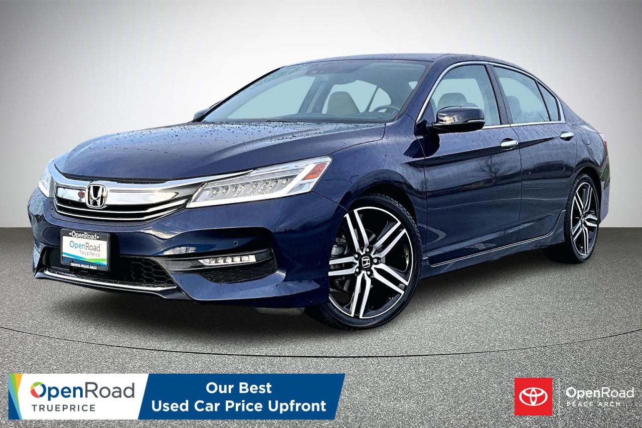 The 2017 Honda Accord Sedan L4 Touring with CVT combines comfort, technology and efficiency in a premium midsize package. It is powered by a 2.4-litre, direct-injected i-VTEC four-cylinder with a smooth continuously variable transmission and ECON mode for better fuel economy. Touring trim adds leather upholstery, heated front and rear seats, a one-touch power moonroof, dual-zone climate control and a 360-watt premium audio system. Standard tech includes an integrated navigation system, wireless charging, multi-angle rearview camera, Bluetooth and smartphone integration. Safety and convenience are enhanced by Honda Sensing features, rain-sensing wipers, auto high-beams and front/rear parking sensors.  Have confidence with your OpenRoad purchase! Every OpenRoad Certified Pre-Owned vehicle comes fully reconditioned and complete with a comprehensive 153 point mechanical inspection, a CarFax history & lien report, a 3-Day Money Back Guarantee, a 30-Day/2,000 kms Exchange Policy, a 90-Day/5,000 kms Powertrain Warranty, guaranteed clear title, and membership to our exclusive Club OpenRoad! As a proud member of the OpenRoad Auto Group, a trusted name since 2000 serving the Lower mainland (including White Rock, Surrey, Langley, Maple Ridge, Delta, Richmond, Mission and beyond) with outstanding Toyota vehicles, Toyota parts, and Toyota service since 1966! OpenRoad Toyota Peace Arch is a &ldquo;True Price&rdquo; dealer, meaning no inflated prices, and no need for back and forth haggling! We use up to the minute technology offering LIVE MARKET VALUE PRICING to ensure you are receiving the most competitive price possible on all of our Pre-Owned vehicles!  All advertised vehicle prices do not include our $599 documentation fee.
