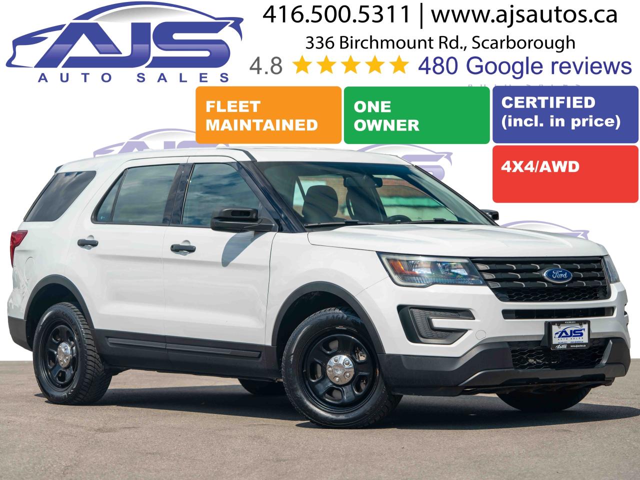 165K KM, 3.7L V6, Ex-Police, AWD, 1-Owner, CERTIFIED, Extremely well maintained,  AT, AC, Backup Camera, Cross-traffic alert system, Blind-spot alert system, AM/FM/CD, Heavy-duty ELECTRICAL, MECHANICAL and SUSPENSION, Massive SIDE-IMPACT cross-brace found only in EX-POLICE, 1-Touch front windows, 220AMP Alternator, Auxiliary Oil and Tranny coolers, Steering wheel audio controls, Child safety locks, Clock, Cloth interior, Stability and traction control, Power drivers seat, windows and mirrors and much much  more....... <br><br>Overview:<br>This 2017 Ford Explorer AWD Police Utility is designed for those who demand power, durability, and performance. Whether you   re in law enforcement, security, or need a robust vehicle for personal use, this SUV is ready for action.<br><br>Key Features:<br><br>All-Wheel Drive (AWD): Ensures superior handling in all weather conditions, providing confidence on and off the road.<br><br>Engine:<br>3.7L V6 Engine     Delivers robust power for quick response and performance under stress.<br> Engine Output: Approximately 304 horsepower and 279 lb-ft of torque.<br><br>Transmission:<br>6-Speed Automatic Transmission     Smooth shifting for enhanced driving experience.<br><br>Safety & Security:<br>  Police Package     Heavy-duty components including robust brakes and suspension.<br>  Stability Control     Enhances traction in challenging conditions.<br>  Advanced Airbag System     Comprehensive protection for passengers.<br>  Rearview Camera     Improves visibility and safety when reversing.*<br><br>Exterior Features:<br>  Blackout Package     Sleek black exterior accents for a professional look.<br>  LED Light Bar Pre-Wiring     Ready for emergency lighting installation.*<br><br>Interior Features:<br>  Spacious Cabin     Ample room for equipment and passengers.<br>  Vinyl Upholstery     Durable and easy to clean.<br>  Front Bucket Seats     Designed for comfort during long shifts.<br>  Rear Seating with Foldable Options     Versatility for transporting cargo.<br>  Climate Control System     Maintains comfort under all conditions.<br>  Automatic Lights - Ease of use at night*<br><br>Technology:<br>  Sync   Infotainment System     Hands-free calling and music with Bluetooth connectivity.*<br><br>Performance Enhancements:<br>  Heavy-Duty Battery     Supports extended use of electrical equipment.<br>  Upgraded Suspension System     Optimized for uneven terrain and load stability.<br>  Tow Package     Capable of hauling trailers and additional equipment.*<br><br>*Some vehicles may vary*<br><br>Why This Vehicle?<br>The 2013 Ford Explorer AWD Police Utility offers remarkable versatility and unbeatable performance, suited for both demanding professional environments and adventurous personal use.<br><br>Your Next Adventure Awaits!<br><br>Lots of EXPLORERS (in different colors     BLACK, GREY, BLUE, WHITE) in our INVENTORY TO CHOOSE<br>FROM! Please call and ask for further details or the full list of cars. CALL US, we may have others<br>IN STOCK that are NOT ADVERTISED.<br><br>We specialize in all types and brands of vehicles! Whether you need a small sedan or hatchback, small<br>to large SUVs, or even ex-police vehicles, we have something for you! And if there is nothing in our<br>stock that appeals to you, let us know - we can find what you   re looking for! Check out our brokerage<br>service at: <a href=https://www.ajsautos.ca/brokerage-services/>https://www.ajsautos.ca/brokerage-services/</a><br><br>All-in pricing (plus HST and licensing). All cars sold CERTIFIED for the posted price (unless noted<br>otherwise above). All of our CERTIFIED vehicles come with: a thorough 50-pt inspection test, a free<br>CarFax and a 90-day free Sirirus/XM subscription/trial (if vehicle is equipped).<br><br>A basic detail is included when the vehicle is sold. At your request, for a full esthetic restoration of the<br>exterior and/or interior, a charge for $249 (plus HST) will be added to your bill of sale.<br><br>Buy with confidence from an OMVIC & UCDA registered dealer. Since 2018 AJS Auto Sales has been<br>serving the local communities of the Greater Toronto Area and national customers across Canada!<br><br>To understand how much we value your customer experience, please check out our excellent Google<br>reviews at :<br><a href=https://www.google.com/search?gs_ssp=eJzj4tVP1zc0zEgxTUpOT7c0YLRSNaiwsEwxSU5NMzZPSk4xM>https://www.google.com/search?gs_ssp=eJzj4tVP1zc0zEgxTUpOT7c0YLRSNaiwsEwxSU5NMzZPSk4xM</a><br>jWytAIKmVgapaUYpFhYpKWlplmaeUklZhUrJJaW5CsUJ-akFisUJycWJeUX5ZemZwAA4zcZ3w&q=ajs<br>auto sales<br>scarborough&rlz=1C1NHXL_enCA690CA690&oq=ajs&aqs=chrome.2.69i60j69i57j46i39i175i199j69i59j6<br>9i61j69i65l2j69i60.5167j0j7&sourceid=chrome&ie=UTF-<br>8#lrd=0x89d4cef37bcd2529:0x8492fd0d88ffef96,1,,,<br>We consider all trades, even if you have to tow it in!<br>Financing & warranty available, all credit types are acceptable (bankruptcy, divorce, new Canadian,<br>self-employed, student)     we can get a deal done for you! Apply through our secure online credit<br>application process at: <a href=http://www.ajsautos.ca/financing/>http://www.ajsautos.ca/financing/</a><br><br>For a video tour of this vehicle, visit us on the web at www.ajsautos.ca or watch a video on this vehicle<br>on our YouTube channel at: video coming soon!<br><br>A family-run dealership that specializes in quality pre-owned vehicles!<br><br>AJS Auto Sales, 416.500.5311, www.ajsautos.ca.<br><br>Note: AJS Auto Sales reserves the right to refuse a cash payment.<br><br>Note: Stock photos may have been used for this ad     representing year, make, model, options and color. <br><br>Note: AJS does not warrant or guarantee the Ontario safety certificate they provide will pass inspection in other CDN provinces or US states. Purchasers are responsible for non-Ontario inspections/safety certifications and resulting work required.<br><br>Note: All AJS vehicle photos, are the intellectual property of AJS Auto Sales, its subsidiaries and its agents and cannot be used without the express prior written consent of AJS Auto Sales. <br>
