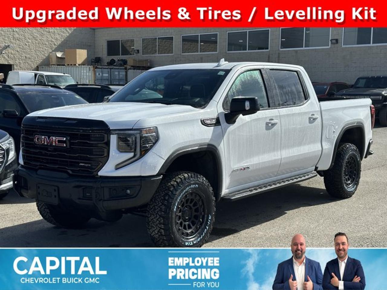 Accessories Include: Levelling Kit, Upgraded wheels & tires.Boasts 15 Highway MPG and 17 City MPG! This GMC Sierra 1500 delivers a Gas V8 6.2L/376 engine powering this Automatic transmission. TRANSMISSION, 10-SPEED AUTOMATIC WITH ELECTRONIC PRECISION SHIFT, ELECTRONICALLY CONTROLLED with overdrive, and tow/haul mode and steering column paddle shifters. Includes Cruise Grade Braking and Powertrain Grade Braking, REAR AXLE, 3.23 RATIO, LPO, SPORT PEDAL COVER KIT (dealer-installed).*This GMC Sierra 1500 Features the Following Options *LPO, OFF-ROAD HIGH CLEARANCE STEPS (dealer-installed), LPO, GMC MULTIPRO TAILGATE STEP LIGHTS (dealer-installed), LPO, CARGO TIE-DOWNS, (4) (dealer-installed), LICENSE PLATE KIT, FRONT, GVWR, 7100 LBS. (3221 KG), ENGINE, 6.2L ECOTEC3 V8 (420 hp [313 kW] @ 5600 rpm, 460 lb-ft of torque [624 Nm] @ 4100 rpm); featuring Dynamic Fuel Management, ENGINE BLOCK HEATER, AT4X PREFERRED EQUIPMENT GROUP includes standard equipment, ACTIVE EXHAUST, DUAL, SPORT-MODE ENABLED, 3 YEARS SIRIUSXM.*Stop By Today *Come in for a quick visit at Capital Chevrolet Buick GMC Inc., 13103 Lake Fraser Drive SE, Calgary, AB T2J 3H5 to claim your GMC Sierra 1500!