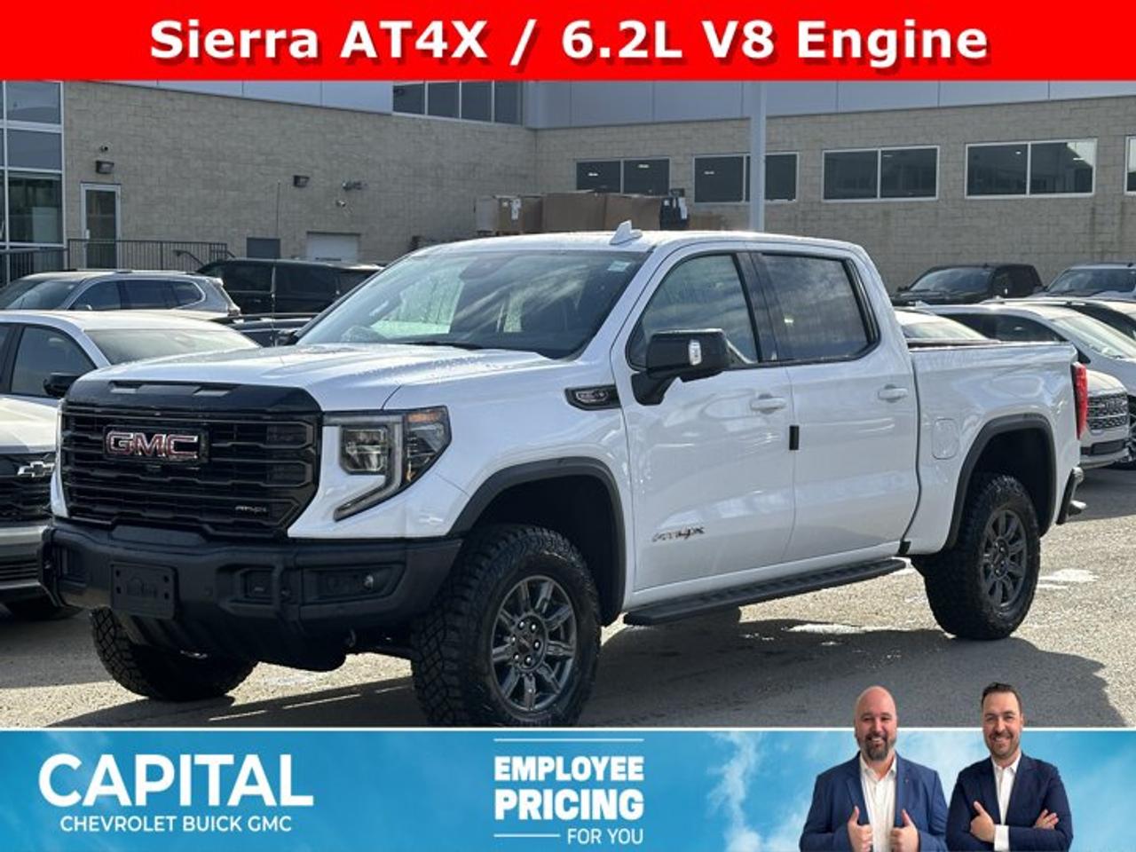 Boasts 15 Highway MPG and 17 City MPG! This GMC Sierra 1500 boasts a Gas V8 6.2L/376 engine powering this Automatic transmission. TRANSMISSION, 10-SPEED AUTOMATIC WITH ELECTRONIC PRECISION SHIFT, ELECTRONICALLY CONTROLLED with overdrive, and tow/haul mode and steering column paddle shifters. Includes Cruise Grade Braking and Powertrain Grade Braking, REAR AXLE, 3.23 RATIO, LPO, SPORT PEDAL COVER KIT (dealer-installed).* This GMC Sierra 1500 Features the Following Options *LPO, OFF-ROAD HIGH CLEARANCE STEPS (dealer-installed), LPO, GMC MULTIPRO TAILGATE STEP LIGHTS (dealer-installed), LPO, CARGO TIE-DOWNS, (4) (dealer-installed), LICENSE PLATE KIT, FRONT, GVWR, 7100 LBS. (3221 KG), ENGINE, 6.2L ECOTEC3 V8 (420 hp [313 kW] @ 5600 rpm, 460 lb-ft of torque [624 Nm] @ 4100 rpm); featuring Dynamic Fuel Management, ENGINE BLOCK HEATER, AT4X PREFERRED EQUIPMENT GROUP includes standard equipment, ACTIVE EXHAUST, DUAL, SPORT-MODE ENABLED, 3 YEARS SIRIUSXM.* Visit Us Today *For a must-own GMC Sierra 1500 come see us at Capital Chevrolet Buick GMC Inc., 13103 Lake Fraser Drive SE, Calgary, AB T2J 3H5. Just minutes away!