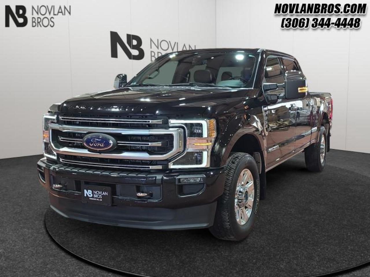 <b>Power Stroke, Navigation, Sunroof, Heated Seats, Reverse Sense System!</b><br> <br> Check out our great inventory of pre-owned vehicles at Novlan Brothers!<br> <br>Brutish power and payload capacity are key traits of this Ford F-350, while aluminum construction brings it into the 21st century. This 2021 Ford F-350 Super Duty is fresh on our lot in Paradise Hill. <br> <br>The most capable truck for work or play, this heavy-duty Ford F-350 never stops moving forward and gives you the power you need, the features you want, and the style you crave! With high-strength, military-grade aluminum construction, this F-350 Super Duty cuts the weight without sacrificing toughness. The interior design is first class, with simple to read text, easy to push buttons and plenty of outward visibility. This truck is strong, extremely comfortable and ready for anything. This sought after diesel Crew Cab 4X4 pickup has 86,355 km. Its Black in colour and is completely accident free based on the <a href=https://vhr.carfax.ca/?id=RRggJ79q3f2liCSHpNLoRtVHVLDpg1c6 target=_blank>CARFAX Report</a>. It has a 10 Speed Automatic transmission and is powered by a 475HP 6.7L 8 Cylinder Engine. It may have some remaining factory warranty, please check with dealer for details. <br> <br> Our F-350 Super Dutys trim level is Platinum. Upgrading to this ultra premium F-350 Platinum edition is a great choice as it comes fully loaded with exclusive polished aluminum wheels, unique premium leather seats that are heated and cooled, a Bang & Olufsen 10 speaker audio system with SiriusXM radio, painted and chrome exterior accents with a built-in rear bumper step, a Class V trailer hitch and power extendable trailer style mirrors. This impressive truck also includes a colour touchscreen with built-in navigation and SYNC 3 featuring Apple CarPlay and Android Auto, LED auto headlights, power running boards, power front seats and heated rear seats, a useful driver door keypad, 360 degree camera with rear parking sensors, a leather heated steering wheel, dual zone climate control, blind spot detection, lane departure warning, power adjustable pedals and so much more! This vehicle has been upgraded with the following features: Power Stroke, Navigation, Sunroof, Heated Seats, Reverse Sense System, Rear View Camera, Remote Engine Start.<br> To view the original window sticker for this vehicle view this <a href=http://www.windowsticker.forddirect.com/windowsticker.pdf?vin=1FT8W3BTXMEC00838 target=_blank>http://www.windowsticker.forddirect.com/windowsticker.pdf?vin=1FT8W3BTXMEC00838</a>. <br/><br> <br>To apply right now for financing use this link: <a href=http://novlanbros.com/credit/ target=_blank>http://novlanbros.com/credit/</a><br><br> <br/><br> Payments from <b>$1235.25</b> monthly with $0 down for 84 months @ 8.99% APR O.A.C. ( Plus applicable taxes -  Plus applicable fees   ).  See dealer for details. <br> <br>The Novlan family is owned and operated by a third generation and committed to the values inherent from our humble beginnings.<br> Come by and check out our fleet of 20+ used cars and trucks and 50+ new cars and trucks for sale in Paradise Hill.  o~o