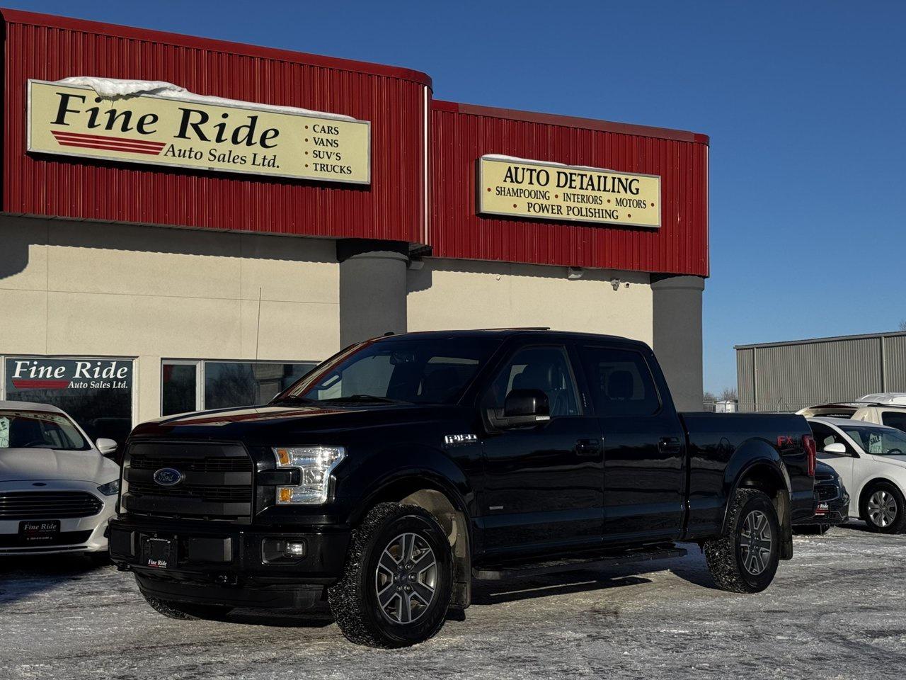 <p>2016 Ford F-150 Lariat Super Crew FX4</p><p>3.5LTR V6 Ecoboost<br>A/C<br>Telescopic tilt steering<br>Cruise<br>Power windows<br>Power locks<br>Power folding mirrors<br>Power seats<br>Heated & air-conditioned seats<br>Memory seat (drivers)<br>Power pedals<br>AM/FM radio<br>SYNC by Microsoft  /  Bluetooth  /  NAV<br>5 pasengerss<br>222,000 HIGHWAY kms<br>Remote starter<br>Back up camera with parking sensors<br>Tri-Fold hard tonneau cover<br>Step bars<br>6.5ft box<br>Locking tail gate<br>Alloy wheels<br>Fog lights<br>Panoramic sunroof</p><p>GVW: 7,050LBS<br>Gear ratio: 3.55<br>Transmission: 6 speed 6R80<br>Towing: Approximately 10,500LBS</p><p>$24,975 Safetied<br>Financing and Warranty Available at Fine Ride Auto Sales Ltd<br>www.FineRideAutoSales.ca</p><p>Call: 204-415-3300 or 1-855-854-3300<br>Text: 204-226-1790<br>View in person at: Unit 3-3000 Main Street</p><p>DLR# 4614<br>**Plus applicable taxes**</p><p></p><p><span style=color:#000000;><span style=font-family:book antiqua, palatino, serif;font-size:14pt;>Monday                9am to 6pm</span></span><br><span style=color:#000000;><span style=font-family:book antiqua, palatino, serif;font-size:14pt;>Tuesday               9am to 6pm</span></span><br><span style=color:#000000;><span style=font-family:book antiqua, palatino, serif;font-size:14pt;>Wednesday               9am to 6pm</span></span><br><span style=color:#000000;><span style=font-family:book antiqua, palatino, serif;font-size:14pt;>Thursday                9am to 6pm</span></span><br><span style=color:#000000;><span style=font-family:book antiqua, palatino, serif;font-size:14pt;>Friday                9am to 5pm</span></span><br><span style=color:#000000;><span style=font-family:book antiqua, palatino, serif;font-size:14pt;>Saturday                             10am to 2pm</span></span><br><span style=color:#000000;><span style=font-family:book antiqua, palatino, serif;font-size:14pt;>Sunday                    CLOSED</span></span></p>