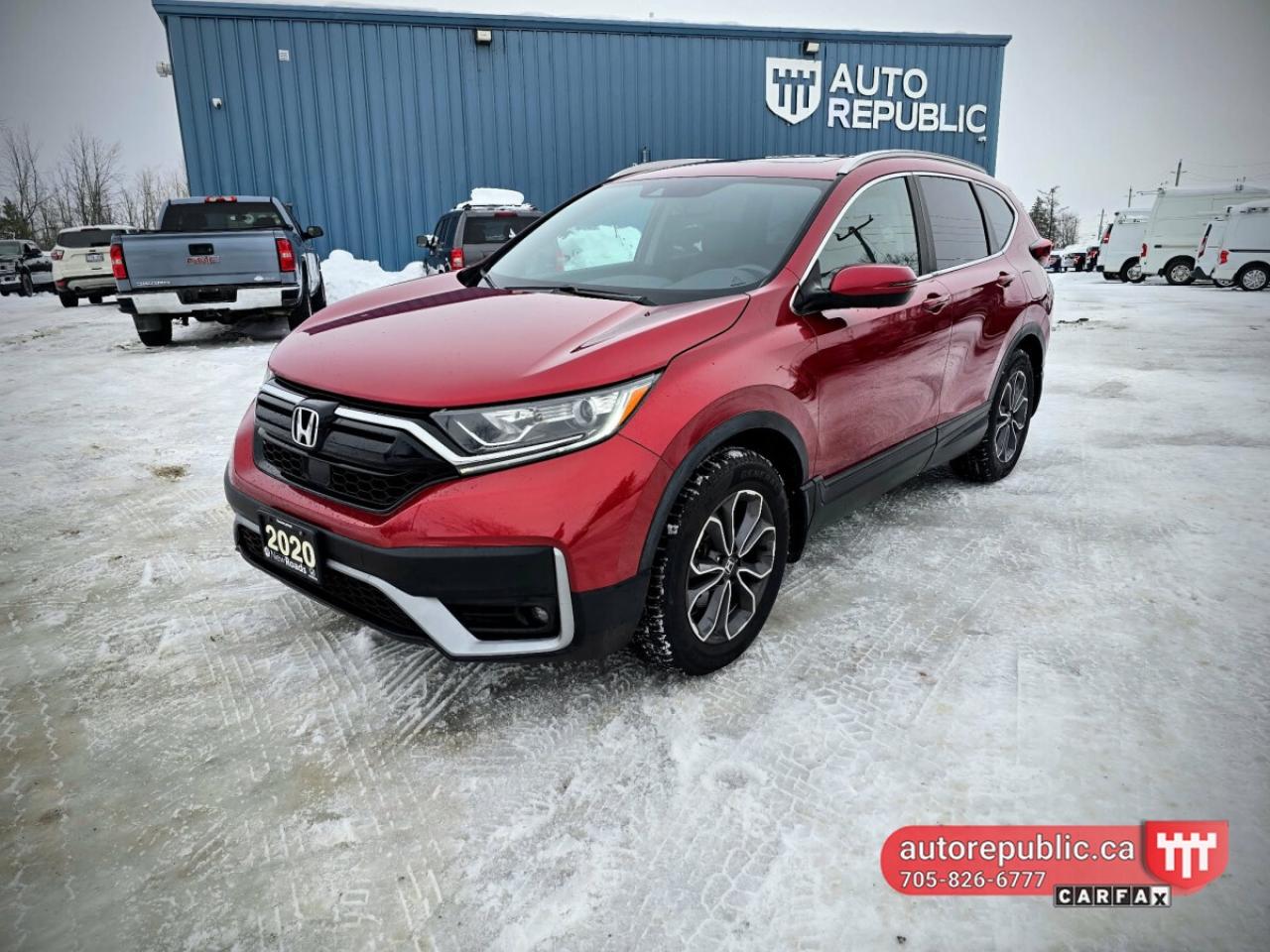 Discover the epitome of reliability and style with this dealer maintained 2020 Honda CR-V EX-L. This one-owner gem boasts a perfect blend of versatility, efficiency, and comfort, making it an ideal choice for any journey. <br/> With its sleek and timeless design, this CR-V stands out on the road, while its well-crafted interior provides ample space for both passengers and cargo. Whether youre navigating city streets or tackling off-road adventures, this vehicles impressive performance and handling ensure a smooth ride every time. <br/> Equipped with a range of advanced features, including a responsive touchscreen infotainment system, Bluetooth connectivity, backup camera, side camera and more, staying connected and entertained is effortless. <br/> Rest assured, this CR-V has been diligently maintained, with regular servicing and care taken by its single owner. Its pristine condition and low mileage make it a rare find in the pre-owned market. <br/> Dont miss your chance to own this exceptional 2020 Honda CR-V EX-L. Contact us today to schedule a test drive and experience driving perfection firsthand. <br/> <br/> <br/> Comes Safety Certified with no extra carge <br/> <br/> <br/> Has only 137k kms - Carfax Verified <br/> <br/> <br/> Link to Youtube walkaround video: <br/> https://www.youtube.com/watch?v=3YPmU1e3c0A <br/> <br/> <br/> Link to Carfax: <br/> https://vhr.carfax.ca/?id=yfQFtfjqv+XpQ7HKTTGWYYImOlclak3P <br/> <br/> <br/> Loaded with leather seats, heated seats, power seats with memory, sunroof, remote start, power tailgate, heated steering wheel, Honda Sensing technology with blind spot assist, line assist, collision avoidance system and adaptive cruise control. Also has push to start, auto start/stop, alloy rims, fog lights, roof rails, two sets of keys, backup and side cameras, power ebrake, ECO mode, dual zone climate control. <br/> <br/> <br/> Please call 705-826-6777 for appointments <br/> www.autorepublic.ca <br/> <br/> <br/> Available extended warranty up to 48 months <br/> <br/> <br/> WE FINANCE EVERYONE. 100% APPROVAL (downpayment might be required) <br/> <br/> <br/> Tax and Licensing extra <br/> <br/> <br/> Trade-ins are welcome! <br/> <br/> <br/> No Hidden Fees or Admin Fees! <br/> <br/> <br/> Do not hesitate to contact us with any questions. <br/> <br/> <br/> Please call us at 705/826/6777 for more details. <br/> www.autorepublic.ca <br/>