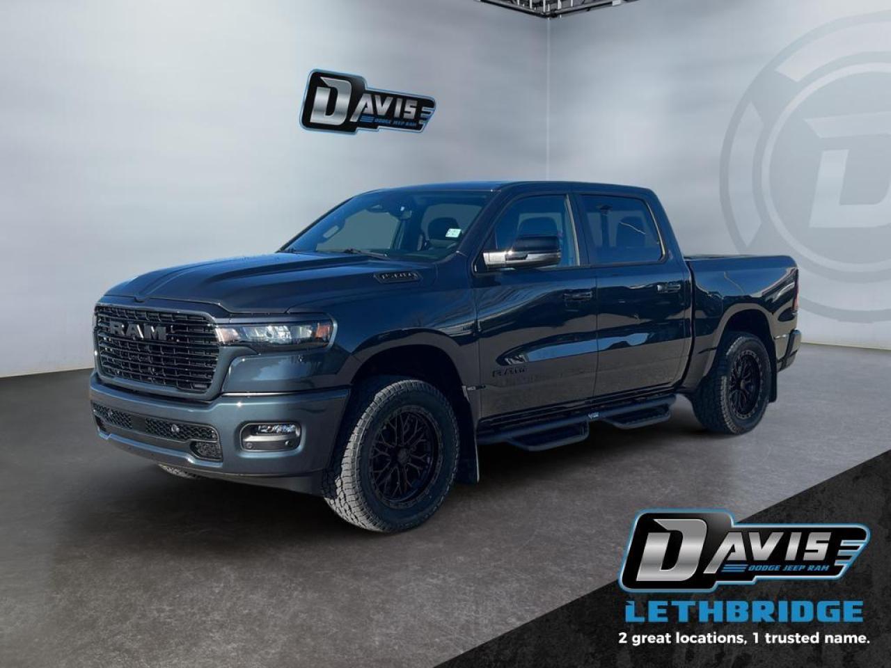<b>Navigation, Apple CarPlay, Android Auto, 360 Camera, Heated Seats!<br /> <br /></b><br /> <br /> <br />The 2026 Ram 1500 Sport Crew Cab 4x4 delivers a bold, modern design paired with strong performance and advanced technology, making it a standout full-size pickup. Finished in Forged Blue Metallic, this Sport model features black exterior badging, body-color bumpers and grille accents, LED headlights and fog lamps, dual black exhaust tips, and 20-inch aluminum wheels that give it a confident, street-focused appearance.<br /><br />Under the hood is the 3.0L Hurricane inline-6 twin-turbo engine, matched with an 8-speed automatic transmission and four-wheel drive for smooth power delivery, confident towing, and all-weather capability. A 3.92 rear axle ratio, Class IV hitch, trailer sway damping, selectable drive modes, and heavy-duty suspension ensure this Ram 1500 Sport is ready for work or weekend travel.<br /><br />Inside, the cabin offers a refined mix of comfort and technology with heated front bucket seats, heated steering wheel, power driver seat, adjustable pedals, and a 12-inch Uconnect 5 NAV touchscreen with Apple CarPlay and Android Auto. Safety and driver-assist features include adaptive cruise control with stop and go, active driving assist, surround-view camera, blind spot monitoring, lane management, intersection collision assist, and ParkSense front and rear park assist. The 2026 Ram 1500 Sport 4x4 is an excellent choice for drivers seeking performance, style, and everyday versatility in a modern pickup.<br /> <br />To apply right now for financing use this link: <a href=https://lethbridge.davisdodge.ca/free-credit-check/ target=_blank rel=nofollow noopener noreferrer>https://lethbridge.davisdodge.ca/free-credit-check/</a><br /><br /> <br /><br />As a premier Chrysler, Dodge, Jeep and RAM dealership, Davis Dodge proudly offers an extensive selection of new and used vehicles to meet every drivers needs. Customers across Lethbridge, Fort Macleod, Taber, Claresholm, Coaldale, and beyond trust us for daily vehicle specials, certified service and parts, and a seamless online inventory experience. <br /><br /> With competitive financing options and expert support, we make car buying easy and enjoyable. <br /><br /> Ready to hit the road? Schedule your test drive today at Davis Dodge, your trusted Chrysler, Dodge, Jeep and RAM dealer in Lethbridge, Alberta.<br /><br /> Vehicle pricing offer shown expires 2026-03-31. <br /> Come by and check out our fleet of 60+ used cars and trucks and 130+ new cars and trucks for sale in Lethbridge. o~o