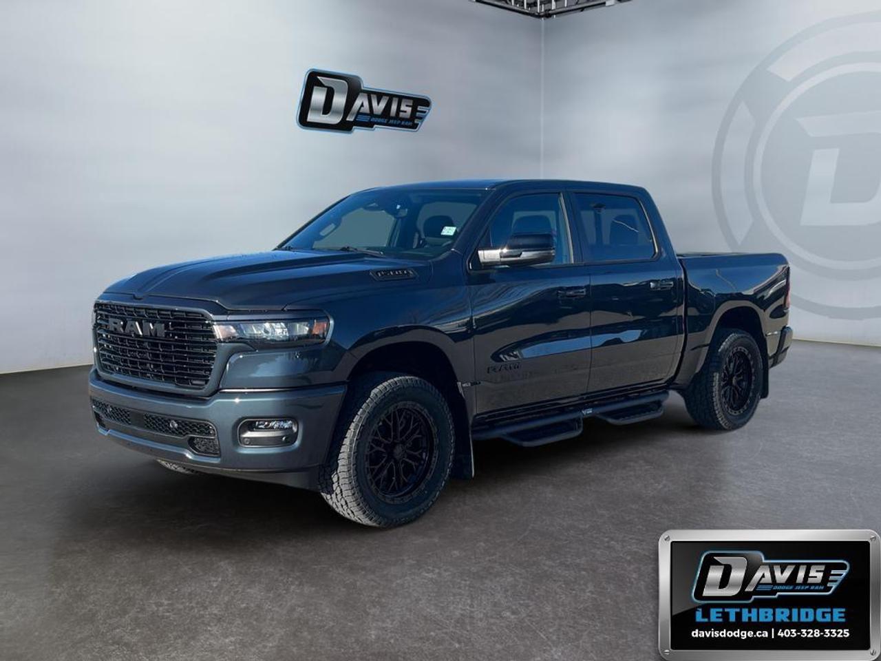 <b>Navigation, Apple CarPlay, Android Auto, 360 Camera, Heated Seats!<br /> <br /></b><br /> The 2026 Ram 1500 Sport Crew Cab 4x4 delivers a bold, modern design paired with strong performance and advanced technology, making it a standout full-size pickup. Finished in Forged Blue Metallic, this Sport model features black exterior badging, body-color bumpers and grille accents, LED headlights and fog lamps, dual black exhaust tips, and 20-inch aluminum wheels that give it a confident, street-focused appearance.<br /><br />Under the hood is the 3.0L Hurricane inline-6 twin-turbo engine, matched with an 8-speed automatic transmission and four-wheel drive for smooth power delivery, confident towing, and all-weather capability. A 3.92 rear axle ratio, Class IV hitch, trailer sway damping, selectable drive modes, and heavy-duty suspension ensure this Ram 1500 Sport is ready for work or weekend travel.<br /><br />Inside, the cabin offers a refined mix of comfort and technology with heated front bucket seats, heated steering wheel, power driver seat, adjustable pedals, and a 12-inch Uconnect 5 NAV touchscreen with Apple CarPlay and Android Auto. Safety and driver-assist features include adaptive cruise control with stop and go, active driving assist, surround-view camera, blind spot monitoring, lane management, intersection collision assist, and ParkSense front and rear park assist. The 2026 Ram 1500 Sport 4x4 is an excellent choice for drivers seeking performance, style, and everyday versatility in a modern pickup.<br /> <br />To apply right now for financing use this link: <a href=https://lethbridge.davisdodge.ca/free-credit-check/ target=_blank rel=nofollow noopener noreferrer>https://lethbridge.davisdodge.ca/free-credit-check/</a><br /> <br /><br />As a premier Chrysler, Dodge, Jeep and RAM dealership, Davis Dodge proudly offers an extensive selection of new and used vehicles to meet every drivers needs. Customers across Lethbridge, Fort Macleod, Taber, Claresholm, Coaldale, and beyond trust us for daily vehicle specials, certified service and parts, and a seamless online inventory experience. <br /><br /> With competitive financing options and expert support, we make car buying easy and enjoyable. <br /><br /> Ready to hit the road? Schedule your test drive today at Davis Dodge, your trusted Chrysler, Dodge, Jeep and RAM dealer in Lethbridge, Alberta.<br /><br /> Vehicle pricing offer shown expires 2026-06-30. <br /> Come by and check out our fleet of 60+ used cars and trucks and 100+ new cars and trucks for sale in Lethbridge. o~o