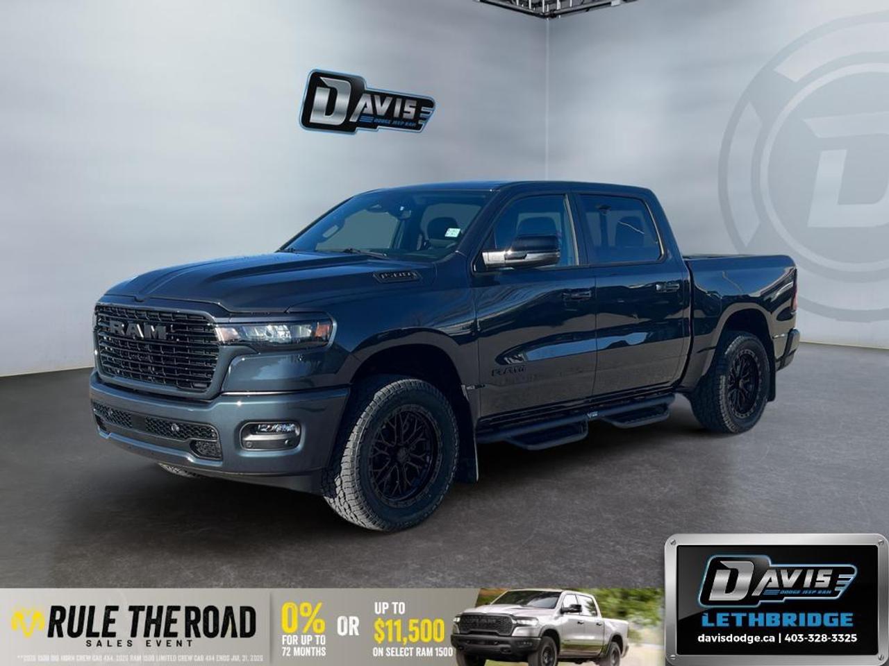 <b>Navigation, Apple CarPlay, Android Auto, 360 Camera, Heated Seats!<br /> <br /></b><br /> The 2026 Ram 1500 Sport Crew Cab 4x4 delivers a bold, modern design paired with strong performance and advanced technology, making it a standout full-size pickup. Finished in Forged Blue Metallic, this Sport model features black exterior badging, body-color bumpers and grille accents, LED headlights and fog lamps, dual black exhaust tips, and 20-inch aluminum wheels that give it a confident, street-focused appearance.<br /><br />Under the hood is the 3.0L Hurricane inline-6 twin-turbo engine, matched with an 8-speed automatic transmission and four-wheel drive for smooth power delivery, confident towing, and all-weather capability. A 3.92 rear axle ratio, Class IV hitch, trailer sway damping, selectable drive modes, and heavy-duty suspension ensure this Ram 1500 Sport is ready for work or weekend travel.<br /><br />Inside, the cabin offers a refined mix of comfort and technology with heated front bucket seats, heated steering wheel, power driver seat, adjustable pedals, and a 12-inch Uconnect 5 NAV touchscreen with Apple CarPlay and Android Auto. Safety and driver-assist features include adaptive cruise control with stop and go, active driving assist, surround-view camera, blind spot monitoring, lane management, intersection collision assist, and ParkSense front and rear park assist. The 2026 Ram 1500 Sport 4x4 is an excellent choice for drivers seeking performance, style, and everyday versatility in a modern pickup.<br /> <br />To apply right now for financing use this link: <a href=https://lethbridge.davisdodge.ca/free-credit-check/ target=_blank rel=nofollow noopener noreferrer>https://lethbridge.davisdodge.ca/free-credit-check/</a><br /> <br /><br />As a premier Chrysler, Dodge, Jeep and RAM dealership, Davis Dodge proudly offers an extensive selection of new and used vehicles to meet every drivers needs. Customers across Lethbridge, Fort Macleod, Taber, Claresholm, Coaldale, and beyond trust us for daily vehicle specials, certified service and parts, and a seamless online inventory experience. <br /><br /> With competitive financing options and expert support, we make car buying easy and enjoyable. <br /><br /> Ready to hit the road? Schedule your test drive today at Davis Dodge, your trusted Chrysler, Dodge, Jeep and RAM dealer in Lethbridge, Alberta.<br /><br /> Vehicle pricing offer shown expires 2026-07-31. <br /> Come by and check out our fleet of 50+ used cars and trucks and 110+ new cars and trucks for sale in Lethbridge. o~o