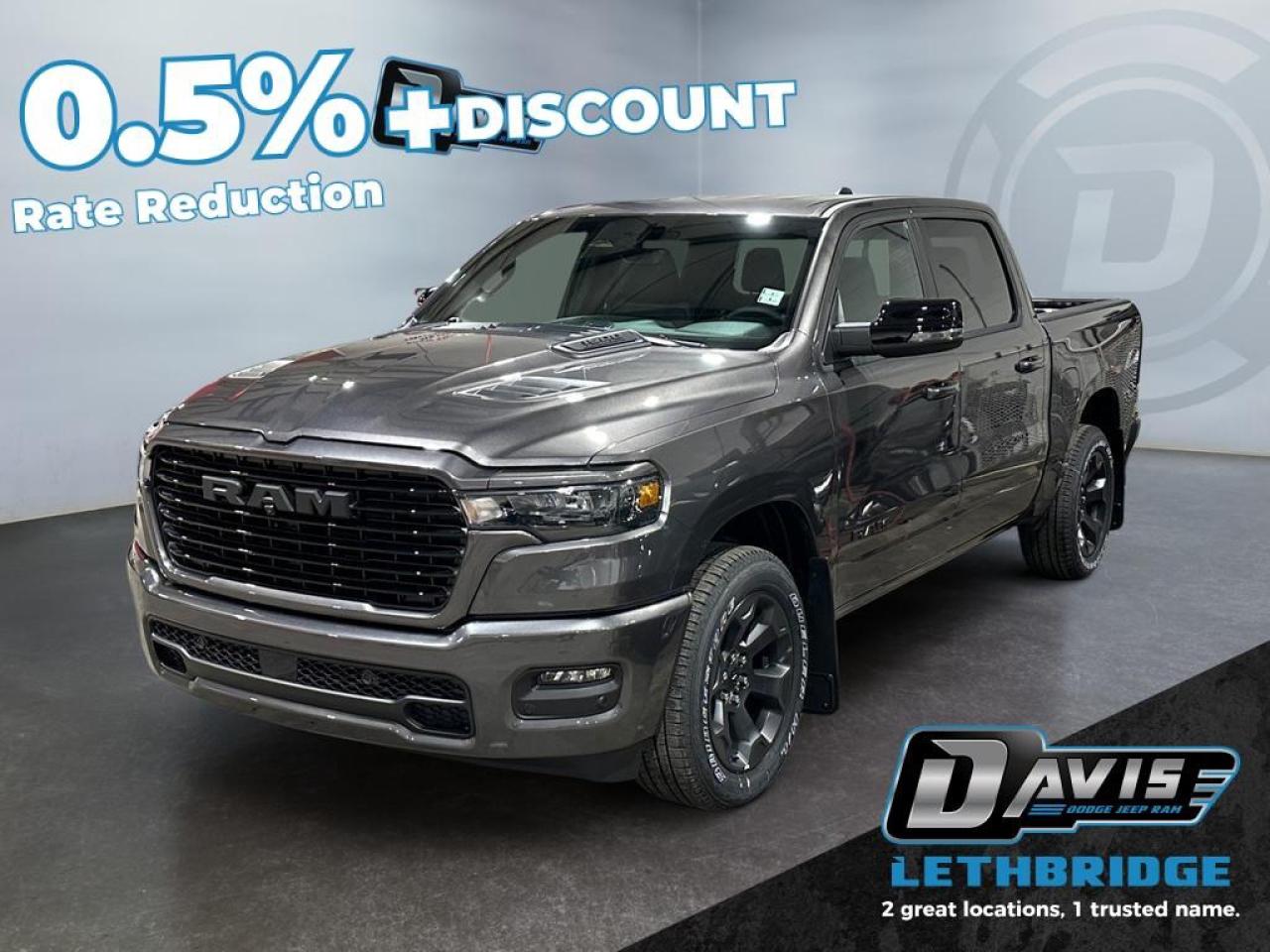 <b>Navigation, Apple CarPlay, Android Auto, 360 Camera, Heated Seats!</b><br /> <br /> <br /> <br />Dominate workdays and weekends alike with the 2026 Ram 1500, where capability meets class. <br /> <br />The Ram 1500's unmatched luxury transcends traditional pickups without compromising its capability. Loaded with best-in-class features, it's easy to see why the Ram 1500 is so popular. With the most towing and hauling capability in a Ram 1500, as well as improved efficiency and exceptional capability, this truck has the grit to take on any task.<br /> <br />This Granite Crystal Metallic Crew Cab 4X4 pickup has an Automatic transmission and is powered by a 420HP 3.0L Straight 6 Cylinder Engine. <br /> <br /> Our 1500's trim level is Sport. This Ram 1500 in Sport trim rewards you with front heated seats, a leather-wrapped heated steering wheel, a 360 camera system, a 10-speaker Alpine audio, and a 12-inch infotainment screen with inbuilt navigation, Apple CarPlay and Android Auto, and 4G LTE Wi-Fi hotspot. Additional features include class IV towing equipment, aluminum wheels, power adjustable pedals, intersection collision assist, evasion assist, lane keep assist with lane departure warning, and even more! This vehicle has been upgraded with the following features: Navigation, Apple CarPlay, Android Auto, 360 Camera, Heated Seats, Heated Steering Wheel, Aluminum Wheels.<br /><br /> <br />To apply right now for financing use this link: <a href=https://lethbridge.davisdodge.ca/free-credit-check/ target=_blank rel=nofollow noopener noreferrer>https://lethbridge.davisdodge.ca/free-credit-check/</a><br /><br /> <br /><br />As a premier Chrysler, Dodge, Jeep and RAM dealership, Davis Dodge proudly offers an extensive selection of new and used vehicles to meet every drivers needs. Customers across Lethbridge, Fort Macleod, Taber, Claresholm, Coaldale, and beyond trust us for daily vehicle specials, certified service and parts, and a seamless online inventory experience. <br /><br /> With competitive financing options and expert support, we make car buying easy and enjoyable. <br /><br /> Ready to hit the road? Schedule your test drive today at Davis Dodge, your trusted Chrysler, Dodge, Jeep and RAM dealer in Lethbridge, Alberta.<br /><br /> Vehicle pricing offer shown expires 2026-03-31. <br /> Come by and check out our fleet of 60+ used cars and trucks and 120+ new cars and trucks for sale in Lethbridge. o~o