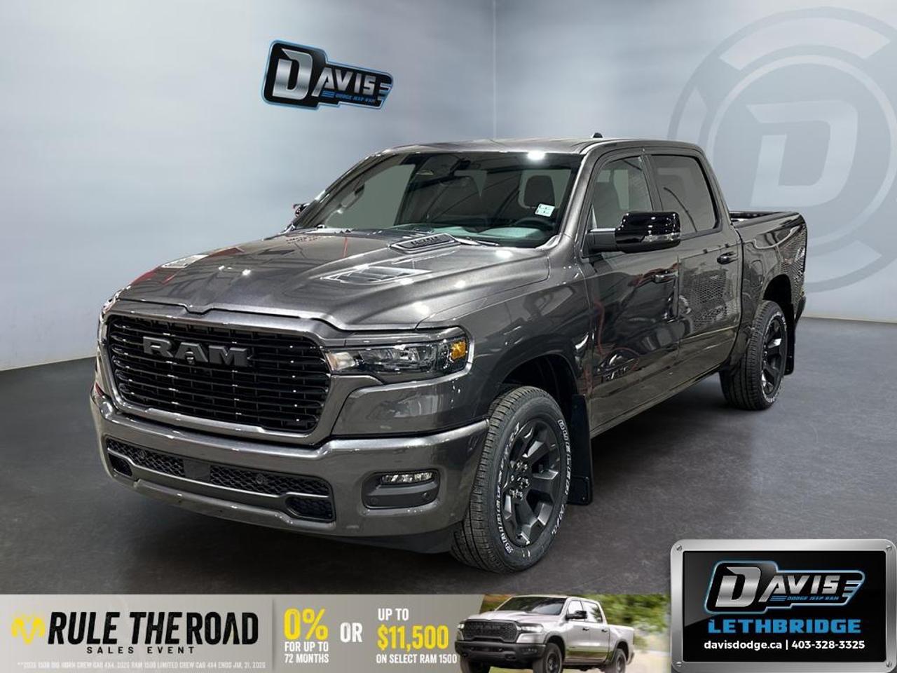 <b>Navigation, Apple CarPlay, Android Auto, 360 Camera, Heated Seats!</b><br /> <br /> The 2026 Ram 1500 redefines strength and sophistication with advanced tech, premium comfort, and unstoppable capability.<br /> <br />The Ram 1500's unmatched luxury transcends traditional pickups without compromising its capability. Loaded with best-in-class features, it's easy to see why the Ram 1500 is so popular. With the most towing and hauling capability in a Ram 1500, as well as improved efficiency and exceptional capability, this truck has the grit to take on any task.<br /> <br />This Granite Crystal Metallic Crew Cab 4X4 pickup has an Automatic transmission and is powered by a 420HP 3.0L Straight 6 Cylinder Engine. <br /> <br /> Our 1500's trim level is Sport. This Ram 1500 in Sport trim rewards you with front heated seats, a leather-wrapped heated steering wheel, a 360 camera system, a 10-speaker Alpine audio, and a 12-inch infotainment screen with inbuilt navigation, Apple CarPlay and Android Auto, and 4G LTE Wi-Fi hotspot. Additional features include class IV towing equipment, aluminum wheels, power adjustable pedals, intersection collision assist, evasion assist, lane keep assist with lane departure warning, and even more! This vehicle has been upgraded with the following features: Navigation, Apple CarPlay, Android Auto, 360 Camera, Heated Seats, Heated Steering Wheel, Aluminum Wheels.<br /><br /> <br />To apply right now for financing use this link: <a href=https://lethbridge.davisdodge.ca/free-credit-check/ target=_blank rel=nofollow noopener noreferrer>https://lethbridge.davisdodge.ca/free-credit-check/</a><br /> <br /><br />As a premier Chrysler, Dodge, Jeep and RAM dealership, Davis Dodge proudly offers an extensive selection of new and used vehicles to meet every drivers needs. Customers across Lethbridge, Fort Macleod, Taber, Claresholm, Coaldale, and beyond trust us for daily vehicle specials, certified service and parts, and a seamless online inventory experience. <br /><br /> With competitive financing options and expert support, we make car buying easy and enjoyable. <br /><br /> Ready to hit the road? Schedule your test drive today at Davis Dodge, your trusted Chrysler, Dodge, Jeep and RAM dealer in Lethbridge, Alberta.<br /><br /> Vehicle pricing offer shown expires 2026-07-31. <br /> Come by and check out our fleet of 40+ used cars and trucks and 110+ new cars and trucks for sale in Lethbridge. o~o