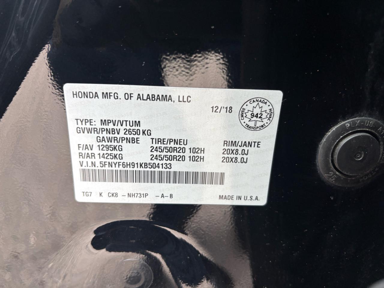 2019 Honda Pilot Touring 8-Passenger AWD Photo