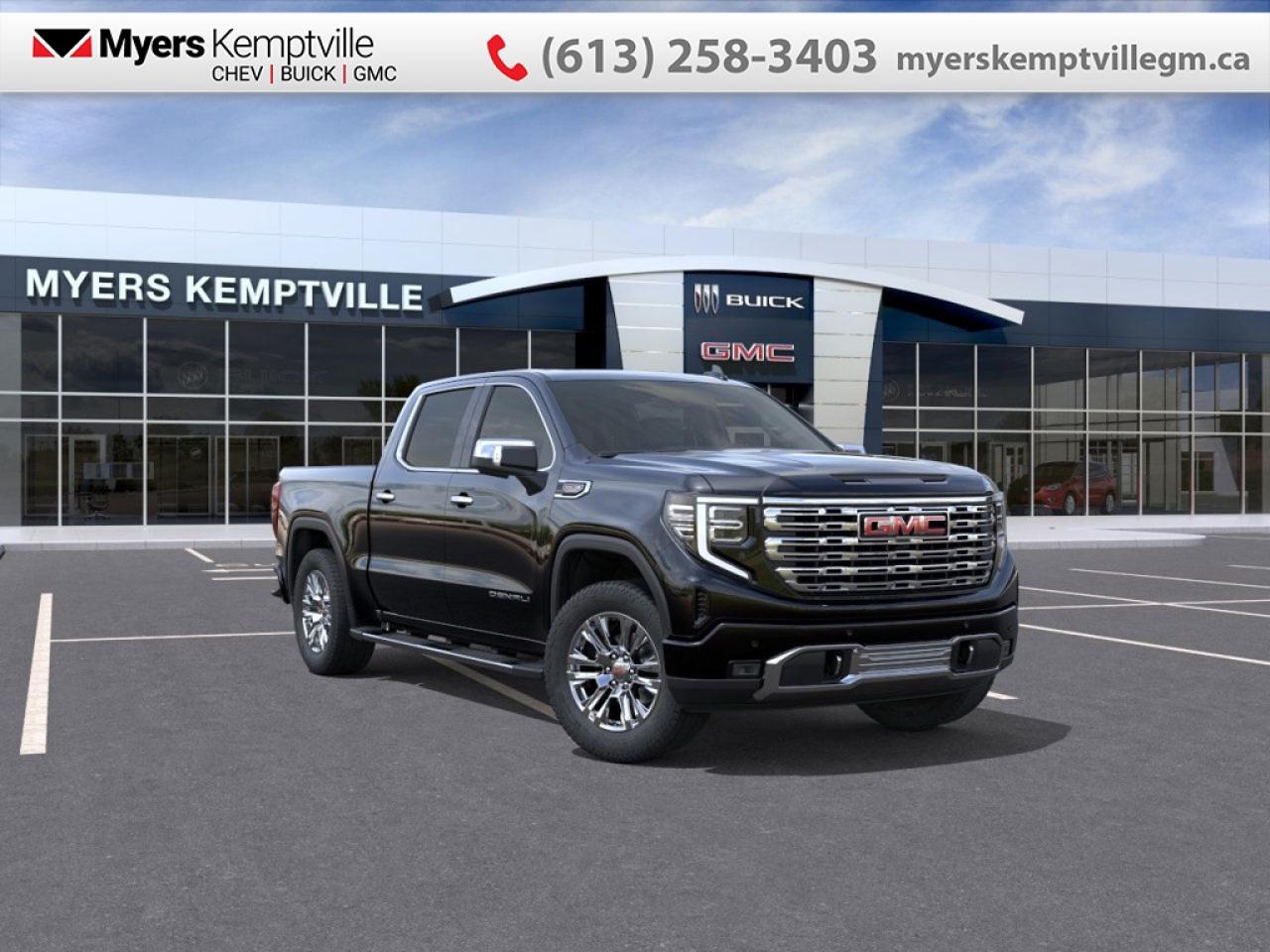 <b>Leather Seats, Sunroof, Spray-On Bedliner, Denali Preferred Equipment Group!</b><br> <br> <br> <br>At Myers, we believe in giving our customers the power of choice. When you choose to shop with a Myers Auto Group dealership, you dont just have access to one inventory, youve got the purchasing power of an entire auto group behind you!<br> <br>With a bold profile and distinctive stance, this 2026 Sierra turns heads and makes a statement on the jobsite, out in town or wherever life leads you. <br> <br>This 2026 GMC Sierra 1500 stands out in the midsize pickup truck segment, with bold proportions that create a commanding stance on and off road. Next level comfort and technology is paired with its outstanding performance and capability. Inside, the Sierra 1500 supports you through rough terrain with expertly designed seats and robust suspension. This amazing 2026 Sierra 1500 is ready for whatever.<br> <br>This Onyx Black Crew Cab 4X4 pickup has an Automatic transmission and is powered by a 420HP 6.2L 8 Cylinder Engine. <br> <br> Our Sierra 1500s trim level is Denali. This trim blends premium craftsmanship with cutting-edge technology and everyday capability. A 13.4 GMC Premium Infotainment System with Google built-in, wireless Apple CarPlay and Android Auto, Bose 7-speaker audio, and a 12.3 reconfigurable digital display keep the cabin highly connected, while heated and ventilated leather front seats, heated rear outboard seats, dual-zone climate control, and wireless charging enhance comfort on every drive. GMC Pro Safety with Enhanced Automatic Emergency Braking, HD Surround Vision, Lane Keep Assist, Trailer Side Blind Zone Alert, and Hitch Guidance delivers confidence, while the MultiPro Tailgate, integrated trailer brake controller, and spray-on bedliner ensure practical utility. This vehicle has been upgraded with the following features: Leather Seats, Sunroof, Spray-On Bedliner, Denali Preferred Equipment Group.<br><br> <br>To apply right now for financing use this link: <a href=https://www.myerskemptvillegm.ca/finance/ target=_blank>https://www.myerskemptvillegm.ca/finance/</a><br><br> <br/> Total  rebate of $5000 is reflected in the price.   Incentives expire 2026-02-02.  See dealer for details. <br> <br>Your journey to better driving experiences begins in our inventory, where youll find a stunning selection of brand-new Chevrolet, Buick, and GMC models. If youre looking to get additional luxuries at a wallet-friendly price, dont just pick pre-owned -- choose from our selection of over 300 Myers Approved used vehicles! Our incredible sales team will match you with the car, truck, or SUV thats got everything youre looking for, and much more. o~o