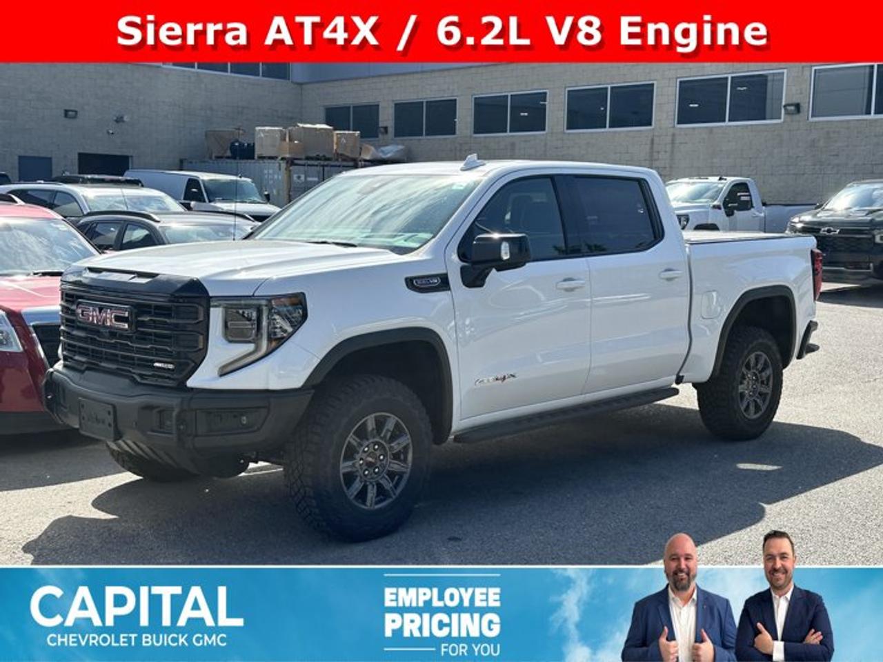 Boasts 15 Highway MPG and 17 City MPG! This GMC Sierra 1500 boasts a Gas V8 6.2L/376 engine powering this Automatic transmission. TRANSMISSION, 10-SPEED AUTOMATIC WITH ELECTRONIC PRECISION SHIFT, ELECTRONICALLY CONTROLLED with overdrive, and tow/haul mode and steering column paddle shifters. Includes Cruise Grade Braking and Powertrain Grade Braking, REAR AXLE, 3.23 RATIO, LPO, SPORT PEDAL COVER KIT (dealer-installed).* This GMC Sierra 1500 Features the Following Options *LPO, OFF-ROAD HIGH CLEARANCE STEPS (dealer-installed), LPO, GMC MULTIPRO TAILGATE STEP LIGHTS (dealer-installed), LPO, CARGO TIE-DOWNS, (4) (dealer-installed), LICENSE PLATE KIT, FRONT, GVWR, 7100 LBS. (3221 KG), ENGINE, 6.2L ECOTEC3 V8 (420 hp [313 kW] @ 5600 rpm, 460 lb-ft of torque [624 Nm] @ 4100 rpm); featuring Dynamic Fuel Management, ENGINE BLOCK HEATER, AT4X PREFERRED EQUIPMENT GROUP includes standard equipment, ACTIVE EXHAUST, DUAL, SPORT-MODE ENABLED, 3 YEARS SIRIUSXM.* Visit Us Today *Stop by Capital Chevrolet Buick GMC Inc. located at 13103 Lake Fraser Drive SE, Calgary, AB T2J 3H5 for a quick visit and a great vehicle!