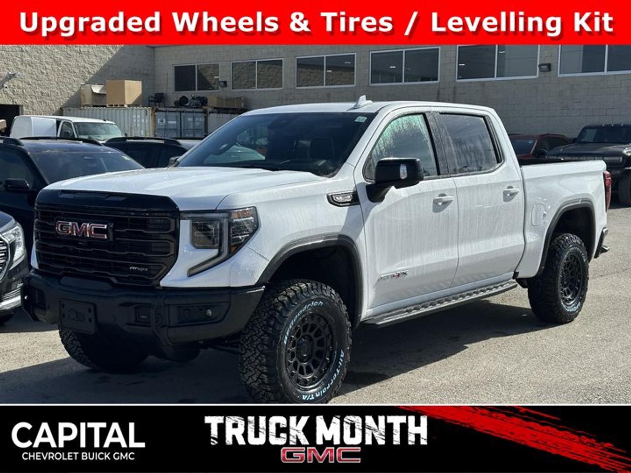 Accessories Include: Levelling Kit, Upgraded wheels & tires.Delivers 15 Highway MPG and 17 City MPG! This GMC Sierra 1500 boasts a Gas V8 6.2L/376 engine powering this Automatic transmission. TRANSMISSION, 10-SPEED AUTOMATIC WITH ELECTRONIC PRECISION SHIFT, ELECTRONICALLY CONTROLLED with overdrive, and tow/haul mode and steering column paddle shifters. Includes Cruise Grade Braking and Powertrain Grade Braking, REAR AXLE, 3.23 RATIO, LPO, SPORT PEDAL COVER KIT (dealer-installed).*This GMC Sierra 1500 Comes Equipped with These Options *LPO, OFF-ROAD HIGH CLEARANCE STEPS (dealer-installed), LPO, GMC MULTIPRO TAILGATE STEP LIGHTS (dealer-installed), LPO, CARGO TIE-DOWNS, (4) (dealer-installed), LICENSE PLATE KIT, FRONT, GVWR, 7100 LBS. (3221 KG), ENGINE, 6.2L ECOTEC3 V8 (420 hp [313 kW] @ 5600 rpm, 460 lb-ft of torque [624 Nm] @ 4100 rpm); featuring Dynamic Fuel Management, ENGINE BLOCK HEATER, AT4X PREFERRED EQUIPMENT GROUP includes standard equipment, ACTIVE EXHAUST, DUAL, SPORT-MODE ENABLED, 3 YEARS SIRIUSXM.*Visit Us Today *Test drive this must-see, must-drive, must-own beauty today at Capital Chevrolet Buick GMC Inc., 13103 Lake Fraser Drive SE, Calgary, AB T2J 3H5.