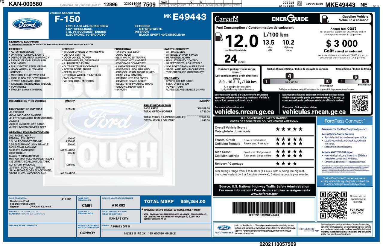 2021 Ford F-150 XLT 4WD 3.5L V6 Ecoboost Clean Carfax | Low Kms Photo