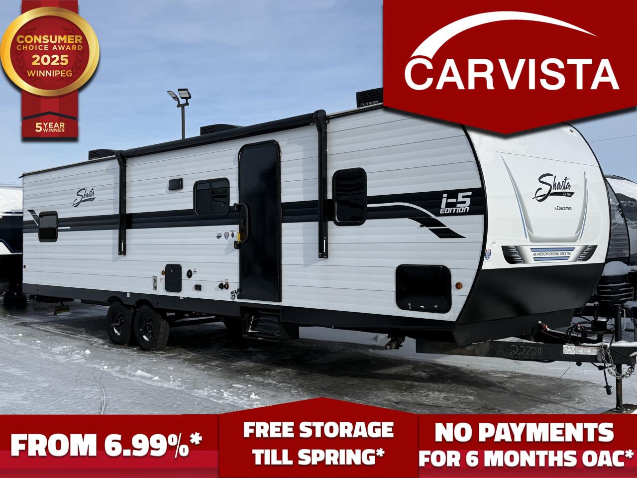 FREE WINTER STORAGE AND WINTERIZATION***   No Payments for up to 6 months. Low interest options available! Come see why Carvista has been the Consumer Choice Award Winner for 5 consecutive years! 2021-2025!

Come see why Carvista has been the Consumer Choice Award Winner for 5 consecutive years! 2021, 2022, 2023, 2024 and 2025! Dont play the waiting game, our units are in-stock, no pre-order necessary!! See for yourself why Carvista has won this prestigious award and continues to serve its community. Carvista Approved! Our RVista package includes a complete inspection of your camper that includes general testing of the camper systems! We pride ourselves in providing the highest quality trailers possible, and include a rigorous detail to ensure you get the cleanest trailer around.
Prices and payments exclude GST OR PST 
Carvista Inc. Dealer Permit # 1211
Category: Used Camper
Units may not be exactly as shown, please verify all details with a sales person.