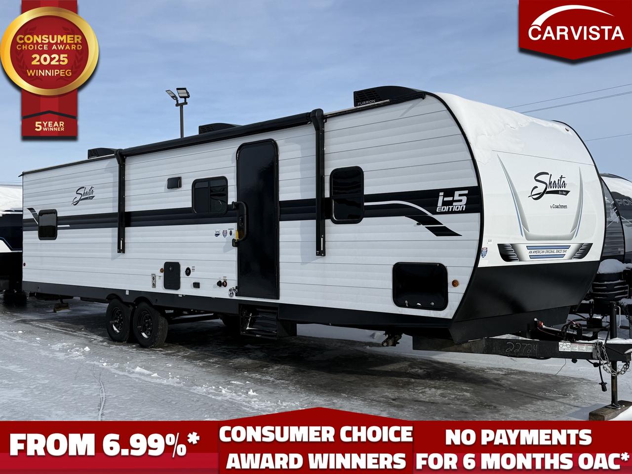 2025 Shasta i-5 532BEDS &mdash; Specifications 

Weights & dimensions 

Exterior length: 36 1"

Exterior width: 96" (80")

Exterior height: 11 3"

Hitch weight: 915 lb

UVW (dry weight): 7,233 lb

GVWR: 9,615 lb

CCC: 2,382 lb

Tank capacities

Fresh water: 39 gal

Grey water: 30 gal

Black water: 30 gal

Floorplan / capacity

Sleeps: up to10

Slides: 2

Bunks: 4

Primary bed: RV queen

A/C: 13,500 BTU triple AC design

Water heater: tankless



Options & features 

Standard construction

&ldquo;Brawn Built&rdquo; sidewalls

2x2 wood studs (16" on center or less)

.030 aluminum exterior skin

Aerodynamic radius front profile

R-7 fiberglass insulation (walls, floors, roof)

Tufflex PVC roof material (lifetime limited warranty listed)

8 exterior width across models

Standard exterior

Front colored rock guard

Straight axle with electric brakes

Full pass-through storage

Molded rain gutter with extra-long spouts

Magnetic baggage door catches

Tinted, black-framed radius safety-glass windows

Extra-large grab handle

Outside shower

Exterior cable hookup

Standard interior

82" interior height

LED interior lighting

Pocket-bored & screwed cabinetry

Full-extension, ball-bearing drawer guides

Blackout bedroom shades

USB charging stations throughout

Cable TV hookup (living area)

Under-bed storage with baskets

Range hood w/ exhaust fan

Decorative backsplash

Motion sensor lights

Skylights

Base Camp Package (required on i-5 Edition, per published package list)

Tankless water heater

Black tank flush

13.5K A/C

Monitor panel + battery disconnect

8 cu. ft. refrigerator

Bluetooth portable speaker

20 lb LP bottle

Enclosed underbelly

Power tongue jack

Solid steps

8 cu. ft. gas/electric refrigerator option

15K BTU A/C upgrade

50A service with additional A/C prep / additional A/C configurations



The 2025 Shasta i-5 532BEDS is a true family bunkhouse designed to handle busy weekends without feeling cramped. With two slide-outs, the main living area opens up for easy movement, while the dedicated bunk space gives kids (and guests) a spot that feels like their own. You&rsquo;ll appreciate the smart balance of size and towability&mdash;coming in around 36 feet overall&mdash;with real-world tank capacities that make it practical for campgrounds and longer stays alike.

Outside, the i-5 focuses on the stuff that matters when you actually camp: pass-through storage for chairs and totes, an outside shower for sandy feet, and a build package aimed at durability and comfort (insulation, roof material, and a clean, aerodynamic profile). Inside, it&rsquo;s set up for modern camping with USB charging, LED lighting, and day-to-day conveniences like full-extension drawers and thoughtful storage in the bedroom and throughout.



Come see why Carvista has been the Consumer Choice Award Winner for 5 consecutive years! 2021, 2022, 2023, 2024 and 2025! Dont play the waiting game, our units are in-stock, no pre-order necessary!! See for yourself why Carvista has won this prestigious award and continues to serve its community. Carvista Approved! Our RVista package includes a complete inspection of your camper that includes general testing of the camper systems! We pride ourselves in providing the highest quality trailers possible, and include a rigorous detail to ensure you get the cleanest trailer around.

Prices and payments exclude GST OR PST 

Carvista Inc. Dealer Permit # 1211

Category: Used Camper

Units may not be exactly as shown, please verify all details with a sales person.