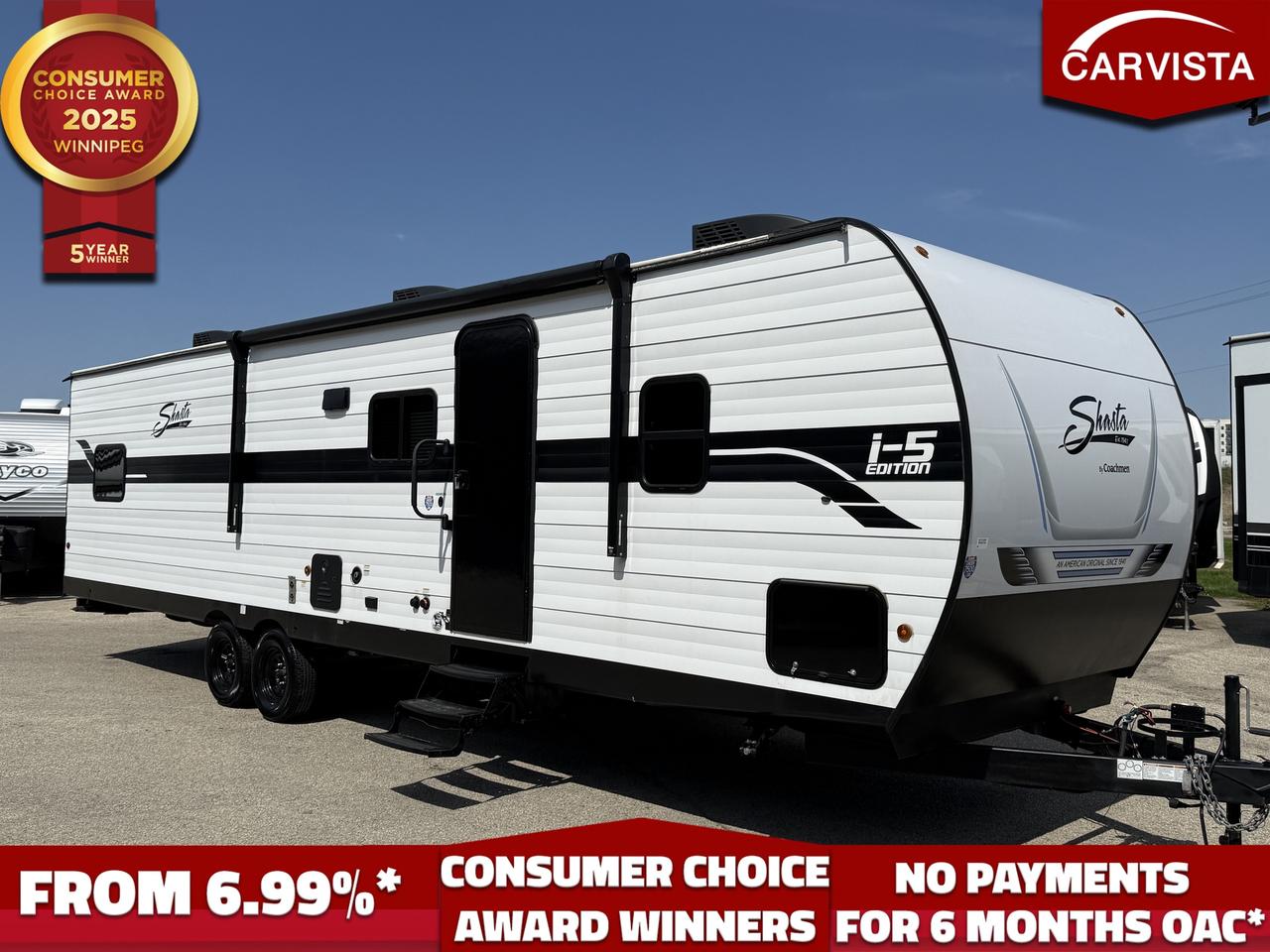 2025 Shasta i-5 532BEDS  Specifications 

Weights & dimensions 

Exterior length: 36 1"

Exterior width: 96" (80")

Exterior height: 11 3"

Hitch weight: 915 lb

UVW (dry weight): 7,233 lb

GVWR: 9,615 lb

CCC: 2,382 lb

Tank capacities

Fresh water: 39 gal

Grey water: 30 gal

Black water: 30 gal

Floorplan / capacity

Sleeps: up to10

Slides: 2

Bunks: 4

Primary bed: RV queen

A/C: 13,500 BTU triple AC design

Water heater: tankless



Options & features 

Standard construction

Brawn Built sidewalls

2x2 wood studs (16" on center or less)

.030 aluminum exterior skin

Aerodynamic radius front profile

R-7 fiberglass insulation (walls, floors, roof)

Tufflex PVC roof material (lifetime limited warranty listed)

8 exterior width across models

Standard exterior

Front colored rock guard

Straight axle with electric brakes

Full pass-through storage

Molded rain gutter with extra-long spouts

Magnetic baggage door catches

Tinted, black-framed radius safety-glass windows

Extra-large grab handle

Outside shower

Exterior cable hookup

Standard interior

82" interior height

LED interior lighting

Pocket-bored & screwed cabinetry

Full-extension, ball-bearing drawer guides

Blackout bedroom shades

USB charging stations throughout

Cable TV hookup (living area)

Under-bed storage with baskets

Range hood w/ exhaust fan

Decorative backsplash

Motion sensor lights

Skylights

Base Camp Package (required on i-5 Edition, per published package list)

Tankless water heater

Black tank flush

13.5K A/C

Monitor panel + battery disconnect

8 cu. ft. refrigerator

Bluetooth portable speaker

20 lb LP bottle

Enclosed underbelly

Power tongue jack

Solid steps

8 cu. ft. gas/electric refrigerator option

15K BTU A/C upgrade

50A service with additional A/C prep / additional A/C configurations



The 2025 Shasta i-5 532BEDS is a true family bunkhouse designed to handle busy weekends without feeling cramped. With two slide-outs, the main living area opens up for easy movement, while the dedicated bunk space gives kids (and guests) a spot that feels like their own. Youll appreciate the smart balance of size and towabilitycoming in around 36 feet overallwith real-world tank capacities that make it practical for campgrounds and longer stays alike.

Outside, the i-5 focuses on the stuff that matters when you actually camp: pass-through storage for chairs and totes, an outside shower for sandy feet, and a build package aimed at durability and comfort (insulation, roof material, and a clean, aerodynamic profile). Inside, its set up for modern camping with USB charging, LED lighting, and day-to-day conveniences like full-extension drawers and thoughtful storage in the bedroom and throughout.



Come see why Carvista has been the Consumer Choice Award Winner for 5 consecutive years! 2021, 2022, 2023, 2024 and 2025! Dont play the waiting game, our units are in-stock, no pre-order necessary!! See for yourself why Carvista has won this prestigious award and continues to serve its community. Carvista Approved! Our RVista package includes a complete inspection of your camper that includes general testing of the camper systems! We pride ourselves in providing the highest quality trailers possible, and include a rigorous detail to ensure you get the cleanest trailer around.

Prices and payments exclude GST OR PST 

Carvista Inc. Dealer Permit # 1211

Category: Used Camper

Units may not be exactly as shown, please verify all details with a sales person.