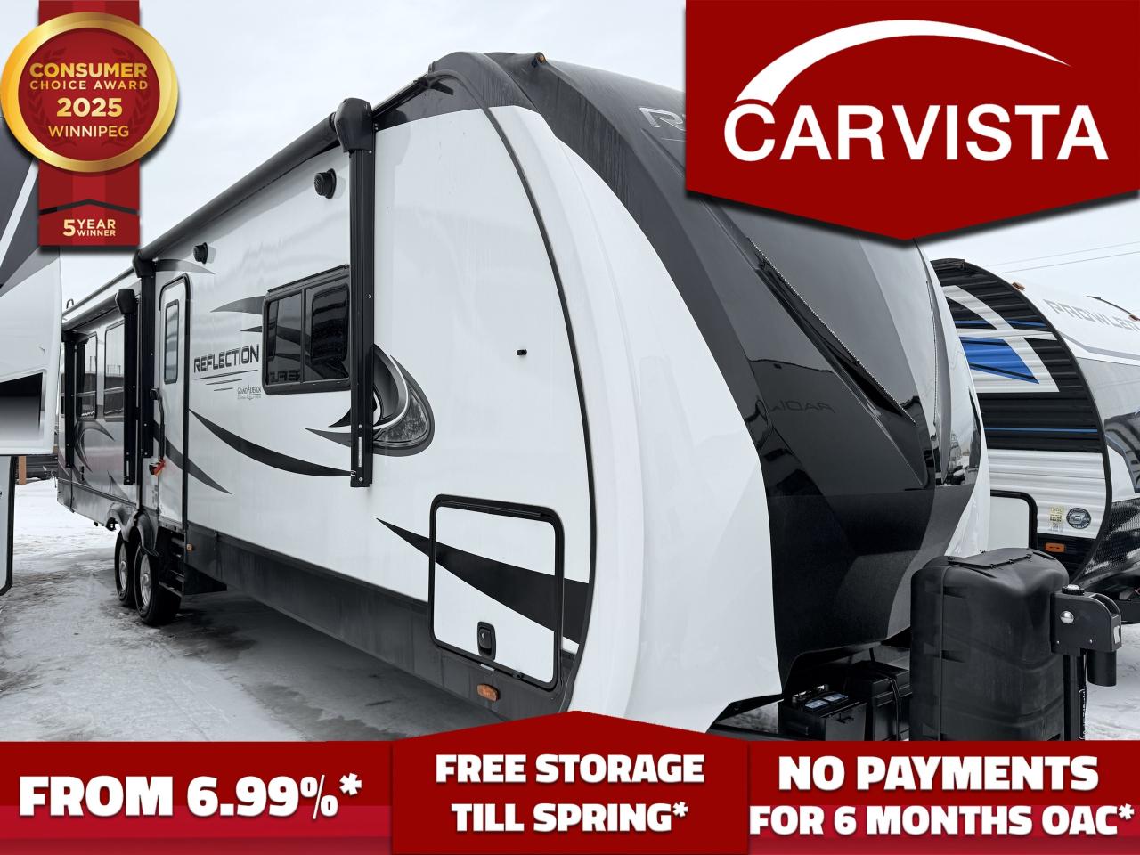 2020 Grand Design Reflection 315RLTS 

Weights & measures

Overall length: 37 11"

Exterior height: 11 8"

Hitch weight: approx. 1,065 lb

UVW (dry weight): 9578 lb

GVWR: 10,995 lb

Tank capacities

Fresh water: 60 gal

Grey water: 118 gal

Black water: 43 gal

Core systems

A/C: 2 x 15,000 BTU ducted

Furnace: 35,000 BTU

Electrical service: 50 amp

Rear-living, triple-slide travel trailer designed for maximum interior space



Options / packages & notable equipment

All-in-one utility/docking center for simplified hookups

One-touch power awning with LED lighting

Entertainment setup with living-room TV and stereo

50A service with second A/C 

Convection microwave (common on many builds)

Roof vent fan upgrades (often with rain sensing, depending on build)

LP quick-connect for an exterior BBQ/grill

2" receiver hitch upgrade 

Cold-weather / extended-season features 

Heated and enclosed underbelly

Tank insulation and protection 

Heated dump valves and cold-weather routing considerations

Slide floor insulation and season-extending construction details

Second awning 

Second A/C unit

Dining Booth and Chair configuration.



Description

The 2020 Grand Design Reflection 315RLTS is a premium rear-living, triple-slide travel trailer built for campers who want a true &ldquo;at-home&rdquo; feel on the road. Step inside and you&rsquo;ll immediately notice how open it feels&mdash;three slide-outs create a wide, residential-style living space that&rsquo;s ideal for hosting friends, stretching out on rainy days, or setting up for extended stays.

The rear lounge is designed for comfort and conversation, while the kitchen and dining area are laid out for real cooking&mdash;ample counterspace, strong storage, and the kind of day-to-day convenience that makes weekend trips (and longer adventures) easier. The bedroom remains private and comfortable, and many units are equipped with the kind of upgrades owners look for most: 50-amp service, ducted A/C, second A/C  and upgraded venting.

A major highlight of the 315RLTS is how capable it is for longer stays. With large tank capacities&mdash;especially the 118-gallon grey tank&mdash;you can camp longer with fewer dump runs, and the typical extended-season features (heated/enclosed underbelly and tank protection) help push your camping season well beyond the summer months.



Come see why Carvista has been the Consumer Choice Award Winner for 5 consecutive years! 2021, 2022, 2023, 2024 and 2025! Dont play the waiting game, our units are in-stock, no pre-order necessary!! See for yourself why Carvista has won this prestigious award and continues to serve its community. Carvista Approved! Our RVista package includes a complete inspection of your camper that includes general testing of the camper systems! We pride ourselves in providing the highest quality trailers possible, and include a rigorous detail to ensure you get the cleanest trailer around.

Prices and payments exclude GST OR PST 

Carvista Inc. Dealer Permit # 1211

Category: Used Camper

Units may not be exactly as shown, please verify all details with a sales person.