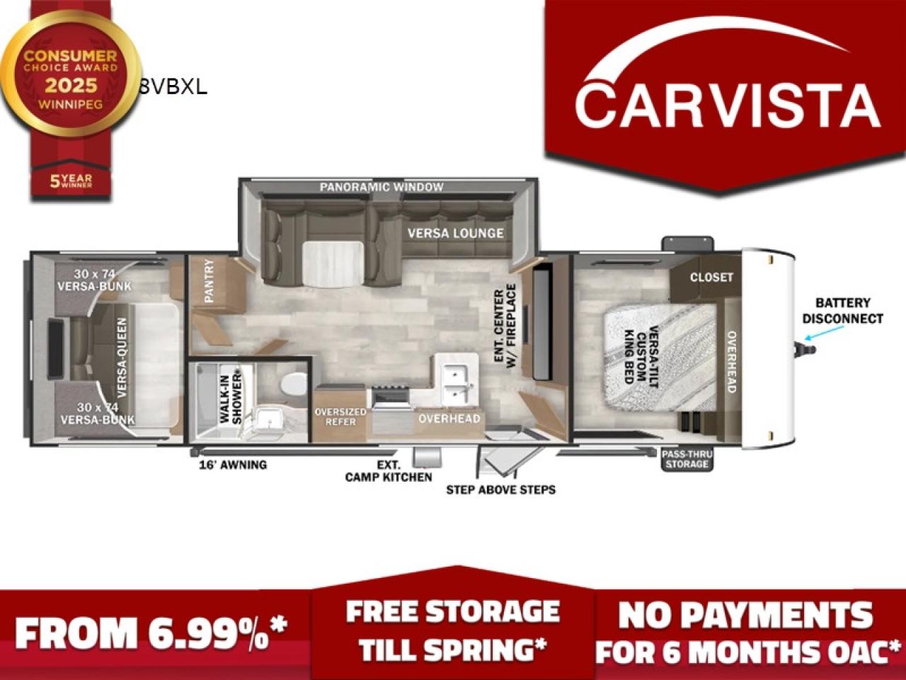 FREE WINTER STORAGE AND WINTERIZATION***   No Payments for up to 6 months. Low interest options available! Come see why Carvista has been the Consumer Choice Award Winner for 5 consecutive years! 2021-2025!

Come see why Carvista has been the Consumer Choice Award Winner for 5 consecutive years! 2021, 2022, 2023, 2024 and 2025! Dont play the waiting game, our units are in-stock, no pre-order necessary!! See for yourself why Carvista has won this prestigious award and continues to serve its community. Carvista Approved! Our RVista package includes a complete inspection of your camper that includes general testing of the camper systems! We pride ourselves in providing the highest quality trailers possible, and include a rigorous detail to ensure you get the cleanest trailer around.
Prices and payments exclude GST OR PST 
Carvista Inc. Dealer Permit # 1211
Category: Used Camper
Units may not be exactly as shown, please verify all details with a sales person.