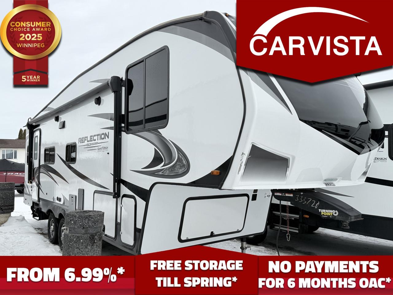 2021 Grand Design Reflection 150 Series 260RD &mdash; Specifications 

Weights & dimensions

Overall length: approx. 29 10"

Exterior height: approx. 12 

Exterior width: 8

Exterior width (with slide extended): approx. 11

Hitch / pin weight: approx. 1,319 lb

UVW (dry weight): approx. 7688 lb

GVWR: approx. 9,995 lb

Capacities

Fresh water: 55 gal

Grey water: 71 gal

Black water: 39 gal

Propane: 2 x 30lbs

Axles: 2

Wheels: 15"

Tires: ST225/75R15 LRE (E-rated)

Core systems

A/C: 15,000 BTU (ducted)

Furnace:30,000 BTU 

Water heater: Electric/Gas 6 gallon

Refrigerator: 16 cu. ft. double fridge/freezer

Sleeping & interior

Sleeps: 4

Primary bed: 60" x 80" Queen

Shower: approx. 30" x 36"

Slides / awning: 1 slide / 1 power awning (approx. 18)

Aluminum cage construction

Insulation ratings (approx.): Floor R-30, Roof R-40, Walls R-9, Slide room R-9



Options / packages & notable features 



Peace of Mind&ndash;style feature set (common highlights)

Residential cabinetry and upgraded fit/finish touches

Universal all-in-one docking / utility center for fast hookups

Slam-latch front cargo doors

Porcelain toilet, black tank flush, upgraded kitchen faucet/sink setup

Aluminum entry steps

Theater seating 

Painted fiberglass front cap 

LP quick connect for an exterior BBQ

Spare tire & carrier, aluminum rims

Turning-point / max-turn pin box style hardware (varies by unit)

Ultimate Power&ndash;style feature set 

One-touch electric awning with LED lighting

Living area entertainment setup (TV + stereo)

50-amp service with wiring/framing for a 2nd A/C

&ldquo;One-Touch&rdquo; automatic leveling system

Connectivity / monitoring features (varies by unit; may include TPMS integration)

Arctic / 4-Seasons&ndash;style protection 

Heated & enclosed underbelly with circulating heat

Heated & enclosed dump valves

Thermofoil / insulated protection under holding tanks

12V heat pads on holding tanks (often included)

Insulated slide-out floors and season-extending construction details

Heated pass-thru storage (commonly included)

Solar / power prep (often included or available)

Roof solar panel capability (commonly offered in different wattage packages)

Roof quick-connect plugs, charge controller, inverter prep, solar disconnect (package-dependent)

Floorplan-driven highlights

Rear dinette layout (the &ldquo;RD&rdquo;) with great seating and windows

Large panoramic slide-room windows for a bright, open feel

Functional wardrobe/bed-base storage in the front bedroom

Walk-in shower and a roomy bath layout for a mid-size fifth wheel



Description

The 2021 Grand Design Reflection 150 Series 260RD is a &ldquo;sweet spot&rdquo; fifth wheel for buyers who want big fifth-wheel comfort in a length that still feels easy to travel with. The rear dinette (RD) floorplan is a standout for people who love windows, views, and a social layout&mdash;perfect for lakeside weekends, card nights, or just stretching out with more elbow room than most travel trailers can offer.

With a single slide, the main living area opens up dramatically without adding a lot of complexity. Many 260RD builds come loaded with the features owners actually care about: auto-leveling, a 15K ducted A/C, a large 16 cu. ft. fridge, and a well-finished interior that feels more residential than &ldquo;basic camper.&rdquo; The front bedroom offers a true 60" x 80" queen, while the smart storage (including under-bed and pass-thru areas) keeps longer trips organized.

The Reflection 150 Series is also designed with real-world camping in mind&mdash;strong tank capacities, season-extending underbelly protection, and modern power/solar prep options that make it easier to stay comfortable whether you&rsquo;re on full hookups or mixing in a little off-grid time.

Come see why Carvista has been the Consumer Choice Award Winner for 5 consecutive years! 2021, 2022, 2023, 2024 and 2025! Dont play the waiting game, our units are in-stock, no pre-order necessary!! See for yourself why Carvista has won this prestigious award and continues to serve its community. Carvista Approved! Our RVista package includes a complete inspection of your camper that includes general testing of the camper systems! We pride ourselves in providing the highest quality trailers possible, and include a rigorous detail to ensure you get the cleanest trailer around.
Prices and payments exclude GST OR PST 
Carvista Inc. Dealer Permit # 1211
Category: Used Camper
Units may not be exactly as shown, please verify all details with a sales person.