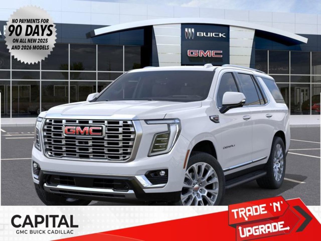 This 2026 GMC Yukon in Glacier White Tricoat is equipped with 4WD and Gas V8 6.2L/ engine.The GMC Yukon is designed with power and purpose. Bold exterior styling cues and refined details give it an unmistakable presence on the road. From its three-dimensional grille, advanced lighting and stylish wheels to its active grille shutters, rainsense front wipers and hidden rear wiper, youll find innovative features both inside and out. With seating for up to nine, premium materials and inspiring capability, this SUV offers a perfect blend of craftsmanship, comfort and functionality. The interior features optional heated and ventilated seats, heated steering wheel, a quiet cabin, keyless open and start and climate controls. Not to mention the innovative seating and storage, from third-row power fold flat seats and second-row power-release fold and tumble seats to a large center console, articulating screen with hidden storage and 1113 L /39.3 cu. ft. (XL model; Yukon 433 L /15.3 cu. ft.) of cargo space behind the third row. The Yukon comes with 5.3L V-8 EcoTec3 Engine, can tow up to 3856 KG (8500 LB.) And to deliver a refined, solid and smooth drive, youll find hydraulic mounts, improved handling and automatic locking rear differential. Technology and infotainment innovations let you stay conveniently connected and in control, with features like multiple USB ports and an 8-inch infotainment system with available navigation. Not to mention a customizable driver information center, rear vision camera, rear seat reminder and access to the myGMC app. This SUV is equipped with an array of available advanced safety features to help prepare you for the unexpected, including available forward collision alert, low speed forward automatic braking, front and rear park assist, and much more.Key features of the Yukon Denali include: 6.2L EcoTec3 V8 engine with 420 hp and 460lb.-ft of torque, 10-speed automatic transmission, Premium Denali styling, Magnetic Ride Control, Available power-retractable assist steps with perimeter lighting, HID Headlamps with LED signature daytime running lamps, Heated and ventilated 12-way power-adjustable driver and front-passenger bucket seats, Heated second-row bucket seats, Leather-wrapped heated steering wheel, 8 customizable driver display and multi-color Head-Up Display, Bose CenterPoint Premium Audio System, Bose Active Noise Cancellation, and Available 22 wheels.Check out this vehicles pictures, features, options and specs, and let us know if you have any questions. Helping find the perfect vehicle FOR YOU is our only priority.P.S...Sometimes texting is easier. Text (or call) 306-801-9090 for fast answers at your fingertips!Dealer License #914248Disclaimer: All prices are plus taxes & fees. See dealer for Details. Dealer Permit # 914248 See dealer for Details.