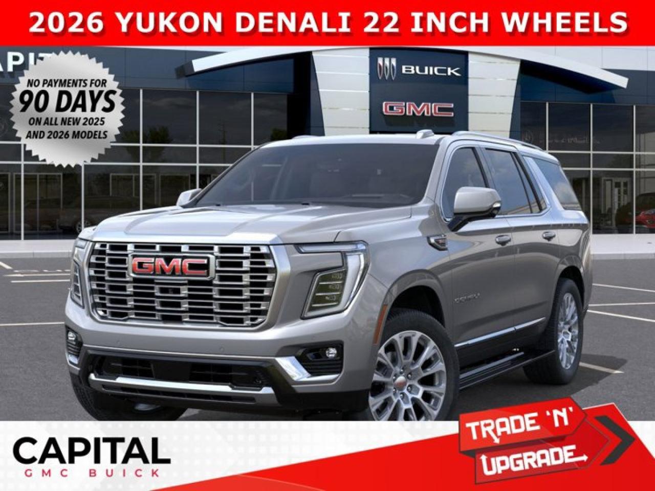 Check out this 2026 GMC YUKON DENALI... Fully equipped with options like Heated and Cooled Seats, Panoramic Sunroof, 22 INCH WHEELS, Power Assist Steps, Heated Steering, Adaptive Cruise Control, Blind Spot Monitoring, 360 CAM, 15 Heads-up Display, Premium Surround Sound, Heated Back Seats, Dual Exhaust, Hands Free Power Liftgate, Automatic Braking, Magnetic Ride Control and so much more... Dont compromise on Luxury or Safety this Winter...Ask for the Internet Department for more information or book your test drive today! Text 825-445-0521 for fast answers at your fingertips!AMVIC Licensed Dealer - Licence Number B1044900Disclaimer: All prices are plus taxes and include all cash credits and loyalties. See dealer for details. AMVIC Licensed Dealer # B1044900