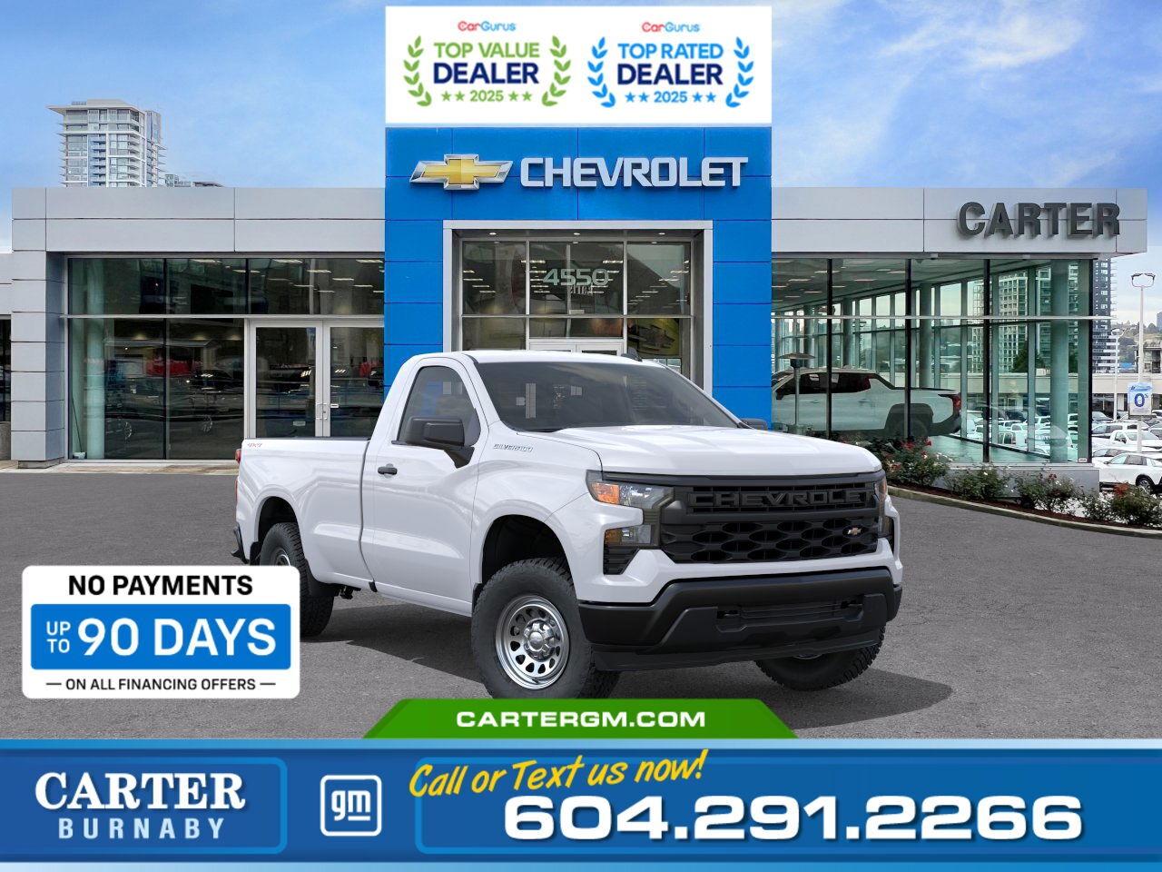 Purchase your new vehicle today and enjoy NO PAYMENTS FOR UP TO 90 DAYS. Upgrade with confidence, without stretching your budget!  Built to get the job done, this 2026 Chevrolet Silverado 1500 Work Truck 4WD delivers dependable power and everyday practicality. The 5.3L ECOTEC3 V8 offers strong performance with efficient Dynamic Fuel Management, while StabiliTrak stability control and Hill Start Assist keep you confident on the road. Equipped with the Trailering Package, integrated trailer brake controller, and Hitch Guidance, its ready to tow with ease. Added comfort comes from a 10-way power seat, a rear-window defogger, and a heavy-duty air filter.  Come take it for a test drive today and experience all this stylish vehicle has to offer!  WHY CARTER GM BURNABY?  - An unrivalled vehicle purchasing experience! - Exceeding our loyal customers expectations since 1963 - 4.5 Google star rating with 2,175+ customer reviews) - CarGurus Top-Rated Dealer 2025 Award - CarGurus Top Value Dealer 2025 Award - Vehicle trades welcome! Best price guaranteed! - We provide upfront pricing, zero hidden fees, and 100% transparency - Fast approvals and 99% acceptance rates (no matter your current credit status!) - Multilingual staff (many languages spoken) - Comfortable non-pressured environment with in-store television, WIFI and a childrens play area! - In-store restaurant: fresh daily menu        Were here to help you drive the vehicle you want, the vehicle you deserve! QUESTIONS? GREAT! WEVE GOT ANSWERS! To speak with a friendly vehicle specialist - CALL NOW! (Doc. Fee: $495.00 Dealer Code: D5505)