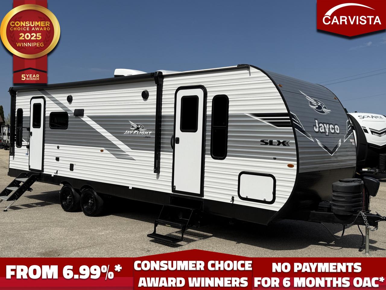 2025 Jayco Jay Flight SLX 262RLS 

Weights

Dry hitch weight: 790 lbs

UVW (dry weight): 6,235 lbs

Cargo carrying capacity (CCC): 1,365lbs

GVWR: 7,600 lbs

Measurements

Exterior length: 31 1"

Exterior height: 10 5" (approx. 11 1" with A/C)

Exterior width: 8 0" (approx. 11 0" with slide extended)

Interior height: 6 9"

Awning length: 18

Tank capacities

Fresh water: 52 gal

Grey water: 39 gal

Black water: 39 gal

Propane capacity: 40 lbs (two tanks total)

Systems

Water heater: On-demand tankless

Furnace: 20,000 BTU

Other

Sleeps: up to 6

Outside storage compartments: 2

Tire size: ST205/75R14 (Load Range D)



Options / features & highlights 

Construction & towing confidence

Magnum Truss-style roof system with durable roofing membrane

Integrated A-frame design

Electric self-adjusting brakes + easy-lube hubs

Nitrogen-filled radial tires

30-amp service (typical for SLX line)

Exterior camping convenience

Power awning (18) with LED lighting

LP quick-connect (grill prep)

Exterior speakers

Tinted privacy windows

Keyed-alike entry & baggage doors

Backup camera prep 

Interior comfort & usability

Queen bed in private front bedroom

Full-extension ball-bearing drawer guides

Hardwood cabinet doors and residential-style hinges

Vinyl flooring throughout for easy cleaning

LED interior lighting

High-rise kitchen faucet

Foot-flush toilet

&ldquo;Value Package&rdquo; type equipment (commonly included)

On-demand tankless water heater

12V refrigerator ( 8 cu. ft.)

Microwave + AM/FM/Bluetooth stereo

Bathroom skylight + powered bath vent

262RLS floorplan highlights

Rear living layout with sofa and booth dinette (both can convert for sleeping)

Walk-through bathroom with radius shower and linen storage

Practical kitchen with 3-burner cooktop and good cabinet space



Description

The 2025 Jayco Jay Flight SLX 262RLS is a smart, easy-to-own rear-living travel trailer that delivers the comfort most campers want&mdash;without pushing into &ldquo;too big to tow&rdquo; territory. At just over 31 feet with a single-slide design, it opens up the main living space so you can actually relax inside on cooler nights, rainy days, or longer stays.

This floorplan is built for real campground life. The rear lounge gives you a comfortable spot to unwind, while the booth dinette and sofa provide flexible seating and additional sleeping space for guests. The walk-through bathroom is a big win for day-to-day convenience, offering easy access from both the bedroom and living area, plus a radius shower and linen storage. Up front, the private bedroom keeps things quiet and comfortable with an RV queen and practical storage.

With a 52-gallon fresh tank, on-demand tankless hot water, and an 18-foot power awning, the 262RLS is set up for longer weekends with fewer compromises&mdash;whether you&rsquo;re camping as a couple or bringing friends and family along.



Come see why Carvista has been the Consumer Choice Award Winner for 5 consecutive years! 2021, 2022, 2023, 2024 and 2025! Dont play the waiting game, our units are in-stock, no pre-order necessary!! See for yourself why Carvista has won this prestigious award and continues to serve its community. Carvista Approved! Our RVista package includes a complete inspection of your camper that includes general testing of the camper systems! We pride ourselves in providing the highest quality trailers possible, and include a rigorous detail to ensure you get the cleanest trailer around.

Prices and payments exclude GST OR PST 

Carvista Inc. Dealer Permit # 1211

Category: Used Camper

Units may not be exactly as shown, please verify all details with a sales person.