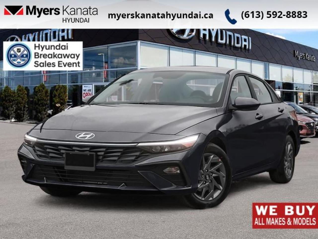 <b>Heated Seats,  Heated Steering Wheel,  Blind Spot Warning,  Remote Start,  Lane Keep Assist!</b><br> <br> <br> <br>Crisp lines, sharp styling, and unexpected comfort, this 2026 Elantra is exactly what the sedan segment needed. <br> <br>This 2026 Elantra was made to be the sharpest compact sedan on the road. With tons of technology packed into the spacious and comfortable interior, along with bold and edgy styling inside and out, this family sedan makes the unexpected your daily driver.<br> <br>This Abyss Blk sedan has an Automatic transmission. <br> <br> Our Elantras trim level is Preferred. The cabin prioritizes comfort and intuitive usability with heated front bucket seats, premium tricot cloth upholstery, a heated leather steering wheel, and a 6-way adjustable driver seat with height adjustment. Everyday operation feels streamlined through proximity key entry with push button start, smart trunk proximity access, power windows with driver one-touch up/down, cruise control, and well-organized storage including a full floor console and front center armrest. Technology is centered on an 8 inch display audio system with wireless Android Auto, Apple CarPlay, Bluetooth with voice recognition, USB connectivity, smart device integration and two front LCD monitors. A redundant digital speedometer, trip computer, driver information center and key fob remote start further enhance daily convenience. Safety is comprehensive with forward collision avoidance assist with pedestrian detection, blind spot collision warning, rear cross-traffic collision avoidance assist, lane keeping assist, lane follow assist, a full suite of front, side and curtain airbags including rear side-impact coverage, stability and traction control, tire pressure monitoring, driver monitoring alert, child safety locks and a back up camera. This vehicle has been upgraded with the following features: Heated Seats, Heated Steering Wheel, Blind Spot Warning, Remote Start, Lane Keep Assist, Collision Mitigation.<br><br> <br>To apply right now for financing use this link: <a href=https://www.myerskanatahyundai.com/finance/ target=_blank>https://www.myerskanatahyundai.com/finance/</a><br><br> <br/>    This vehicle may qualify for $500 Military Program Bonus. Eligible customers may qualify for the Hyundai 0.50% Loyalty Finance Rate Reduction - certain restrictions may apply. 6.49% financing for 96 months. <br> Buy this vehicle now for the lowest weekly payment of <b>$100.07</b> with $0 down for 96 months @ 6.49% APR O.A.C. ( Plus applicable taxes -  $2596 and licensing fees **Rebates may not be applicable on all purchase types [cash, lease, or finance]. Eligibility and conditions may vary. Please see dealer for full details and confirmation of eligibility.    ).  Incentives expire 2026-02-02.  See dealer for details. <br> <br>This vehicle is located at Myers Kanata Hyundai 400-2500 Palladium Dr Kanata, Ontario. <br><br> Come by and check out our fleet of 30+ used cars and trucks and 190+ new cars and trucks for sale in Kanata.  o~o
