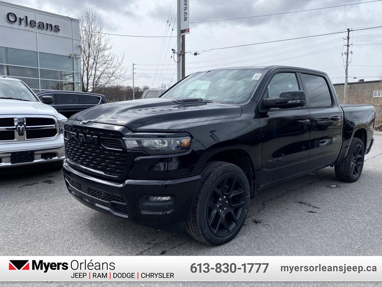 <b>Leather Seats, Night Edition, Sport Performance Hood!</b><br> <br> Dominate workdays and weekends alike with the 2026 Ram 1500, where capability meets class. <br> <br>The Ram 1500s unmatched luxury transcends traditional pickups without compromising its capability. Loaded with best-in-class features, its easy to see why the Ram 1500 is so popular. With the most towing and hauling capability in a Ram 1500, as well as improved efficiency and exceptional capability, this truck has the grit to take on any task.<br> <br>This Diamond Black Crystal Pearl Crew Cab 4X4 pickup has an Automatic transmission and is powered by a 420HP 3.0L Straight 6 Cylinder Engine. <br> <br> Our 1500s trim level is Sport. This Ram 1500 in Sport trim rewards you with front heated seats, a leather-wrapped heated steering wheel, a 360 camera system, a 10-speaker Alpine audio, and a 12-inch infotainment screen with inbuilt navigation, Apple CarPlay and Android Auto, and 4G LTE Wi-Fi hotspot. Additional features include class IV towing equipment, aluminum wheels, power adjustable pedals, intersection collision assist, evasion assist, lane keep assist with lane departure warning, and even more! This vehicle has been upgraded with the following features: Leather Seats, Night Edition, Sport Performance Hood.<br><br> View the original window sticker for this vehicle with this url <b><a href=http://www.chrysler.com/hostd/windowsticker/getWindowStickerPdf.do?vin=3C6SRFVP5T4163601 target=_blank>http://www.chrysler.com/hostd/windowsticker/getWindowStickerPdf.do?vin=3C6SRFVP5T4163601</a></b>.<br> <br>To apply right now for financing use this link: <a href=https://www.myersorleansjeep.ca/apply-for-financing/ target=_blank>https://www.myersorleansjeep.ca/apply-for-financing/</a><br><br> <br/> Weve discounted this vehicle $3000. Total  rebate of $8250 is reflected in the price.   4.99% financing for 96 months. <br> Buy this vehicle now for the lowest weekly payment of <b>$232.38</b> with $0 down for 96 months @ 4.99% APR O.A.C. ( Plus applicable taxes -  **Rebates may not be applicable on all purchase types [cash, lease, or finance]. Eligibility and conditions may vary. Please see dealer for full details and confirmation of eligibility.   / Total Obligation of $96669  ).  Incentives expire 2026-04-30.  See dealer for details. <br> <br>The road to new driving experiences begins in our inventory, where youll find an incredible array of brand-new cars, trucks, minivans, and SUVs, including two of our bestselling models, the Dodge Ram 1500 and the Dodge Grand Caravan. If you want to know what the cutting edge of automotive technology looks like, all you have to do is visit Myers Orleans Jeep! Each model comes loaded with the convenient features and cool technology that help make every trip memorable. Looking for additional everyday luxury at a price thats incredibly wallet-friendly? Choose from our selection of quality pre-owned models! If you can think of a road, our friendly and knowledgeable sales team will help you find the perfect vehicle to drive it.<br><br>We may be a well-established dealership thats been part of the community for many years, but that doesnt mean were stuck in the past! At Myers Orleans Jeep, were proud to provide a fresh, modern approach to car buying. Using our array of online tools, you can browse our extensive inventory, schedule a service appointment, order parts, and even apply for credit from wherever youve got a connection. Our goal is to create relationships that will last, and we know that the best way to do this is by providing a dealership experience thats based on honesty, transparency, trust, and a commitment to customers. Stop by today and discover all the ways we go above and beyond for you.<br><br> Come by and check out our fleet of 30+ used cars and trucks and 80+ new cars and trucks for sale in Orleans.  o~o