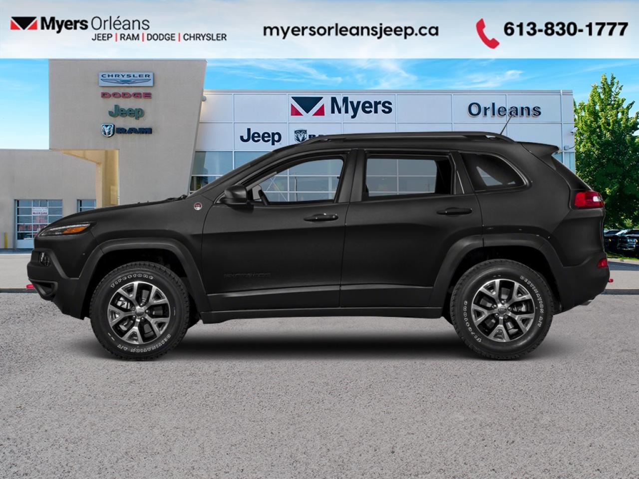 <b>Low Mileage, Off-Road Suspension,  Leather Seats,  Aluminum Wheels,  Rear View Camera,  UConnect!</b><br> <br> The 2018 Jeep Cherokee, its a thoroughly modern family crossover, capable in all road conditions. This 2018 Jeep Cherokee is fresh on our lot in Orleans. <br> <br>When the freedom to explore arrives alongside exceptional value, the world opens up to offer endless opportunities. This is what you can expect with this 2018 Jeep Cherokee. With an exceptionally smooth ride and an award-winning interior, the Cherokee can take you anywhere in comfort and style. Experience adventure and discover new territories with the unique and authentically crafted Jeep Cherokee, a major player in Canadas best-selling SUV brand. This low mileage SUV has just 71,238 km. Its Diamond Black C in colour and is completely accident free based on the <a href=https://vhr.carfax.ca/?id=ndoYzIlC7tdLy1HS4ckJmpi2vv6qkvlO target=_blank>CARFAX Report</a>. It has an Automatic transmission and is powered by a 271HP 3.2L V6 Cylinder Engine. It may have some remaining factory warranty, please check with dealer for details. <br> <br> Our Cherokees trim level is Trailhawk. Travel in style with this off-road-ready Cherokee Trailhawk. It comes loaded with 4-wheel drive capability, aluminum wheels and off-road suspension, skid plates, leather seats, Uconnect 3C with a 8.4 inch screen, a rearview camera, keyless entry and much more. This vehicle has been upgraded with the following features: Off-Road Suspension, Leather Seats, Aluminum Wheels, Rear View Camera, UConnect, Remote Keyless Entry.<br> To view the original window sticker for this vehicle view this <a href=http://www.chrysler.com/hostd/windowsticker/getWindowStickerPdf.do?vin=1C4PJMBX8JD558413 target=_blank>http://www.chrysler.com/hostd/windowsticker/getWindowStickerPdf.do?vin=1C4PJMBX8JD558413</a>. <br/><br> <br>To apply right now for financing use this link: <a href=https://www.myersorleansjeep.ca/apply-for-financing/ target=_blank>https://www.myersorleansjeep.ca/apply-for-financing/</a><br><br> <br/><br>The road to new driving experiences begins in our inventory, where youll find an incredible array of brand-new cars, trucks, minivans, and SUVs, including two of our bestselling models, the Dodge Ram 1500 and the Dodge Grand Caravan. If you want to know what the cutting edge of automotive technology looks like, all you have to do is visit Myers Orleans Jeep! Each model comes loaded with the convenient features and cool technology that help make every trip memorable. Looking for additional everyday luxury at a price thats incredibly wallet-friendly? Choose from our selection of quality pre-owned models! If you can think of a road, our friendly and knowledgeable sales team will help you find the perfect vehicle to drive it.<br><br>We may be a well-established dealership thats been part of the community for many years, but that doesnt mean were stuck in the past! At Myers Orleans Jeep, were proud to provide a fresh, modern approach to car buying. Using our array of online tools, you can browse our extensive inventory, schedule a service appointment, order parts, and even apply for credit from wherever youve got a connection. Our goal is to create relationships that will last, and we know that the best way to do this is by providing a dealership experience thats based on honesty, transparency, trust, and a commitment to customers. Stop by today and discover all the ways we go above and beyond for you.<br><br> Come by and check out our fleet of 50+ used cars and trucks and 70+ new cars and trucks for sale in Orleans.  o~o