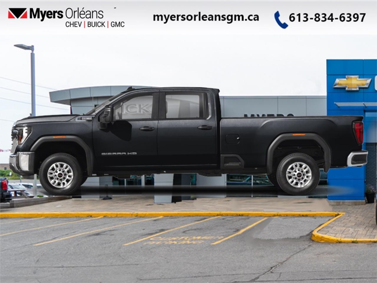 <b>Leather Seats, Cooled Seats, Off-Road Suspension, Power Pedals, Apple CarPlay, Android Auto, LED Lights, Aluminum Wheels, Remote Start, SiriusXM, Trailering Equipment, Rear View Camera, Fog Lamps, 4G LTE</b><br> <br> Take on the most arduous of tasks with this incredibly potent 2024 GMC 2500HD. This 2024 GMC Sierra 2500HD is fresh on our lot in Orleans. <br> <br>This 2024 GMC 2500HD is highly configurable work truck that can haul a colossal amount of weight thanks to its potent drivetrain. This truck also offers amazing interior features that nestle occupants in comfort and luxury, with a great selection of tech features. For heavy-duty activities and even long-haul trips, the 2500HD is all the truck youll ever need. This sought after diesel Crew Cab 4X4 pickup has 109,957 km. Its Black in colour. It has an Automatic transmission and is powered by a 470HP 6.6L 8 Cylinder Engine. <br> <br> Our Sierra 2500HDs trim level is AT4. Get ready to shred with this Sierra HD AT4, complete with an off-road suspension package, skid plates, hill descent control, red recovery hooks, a spray on bedliner and a blacked-out front grille. This sweet truck also comes with leather cooled seats, power adjustable pedals with memory settings, a heavy-duty locking rear differential, signature LED lighting, a larger 8 inch touchscreen premium infotainment system with wireless Apple CarPlay, Android Auto and 4G LTE capability, stylish aluminum wheels, remote keyless entry and a remote engine start, a CornerStep rear bumper and cargo tie downs hooks with LED box lighting. Additionally, this truck also comes with a useful rear vision camera with hitch guidance, a leather wrapped steering wheel with audio controls, and a ProGrade trailering system with an integrated brake controller.<br> <br>To apply right now for financing use this link: <a href=https://www.myersorleansgm.ca/FinancePreQualForm target=_blank>https://www.myersorleansgm.ca/FinancePreQualForm</a><br><br> <br/><br> Buy this vehicle now for the lowest bi-weekly payment of <b>$520.71</b> with $0 down for 96 months @ 7.99% APR O.A.C. ( Plus applicable taxes -  Plus applicable fees   ).  See dealer for details. <br> <br>*MYERS LIFETIME ENGINE AND TRANSMISSION COVERAGE CERTIFICATE NOT AVAILABLE ON VEHICLES WITH KMS EXCEEDING 140,000KM, VEHICLES 8 YEARS & OLDER, OR HIGHLINE BRAND VEHICLE(eg. BMW, INFINITI. CADILLAC, LEXUS...)<br> Come by and check out our fleet of 30+ used cars and trucks and 240+ new cars and trucks for sale in Orleans.  o~o