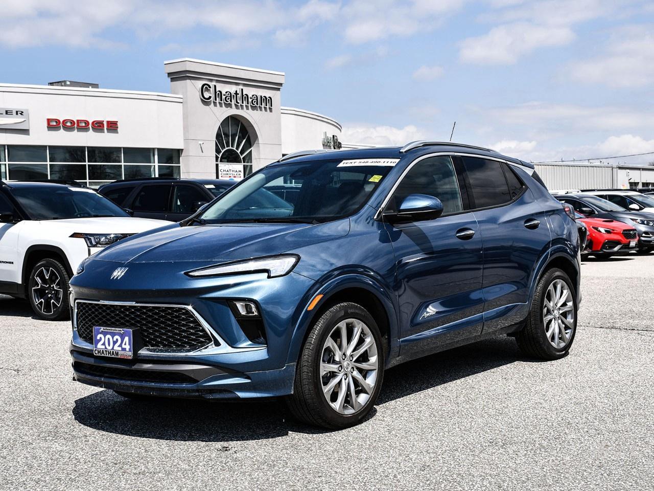 Meet Celeste.<br /><br />A 2024 Buick Encore GX Avenir in elegant Ocean Blue Metallic, with just 11,071 kms and a refined personality that feels effortlessly upscale.<br /><br />Celeste was designed for those who appreciate the finer details. She moves through the world with poise, never rushed, never loud, bringing a sense of calm confidence to every drive. Compact yet luxurious, she proves that premium comfort doesn't have to come in a large package.<br /><br />Her ECOTEC 1.3L Turbo engine, paired with a smooth 9-speed automatic transmission, delivers responsive performance while maintaining impressive efficiency. With AWD and a ride & handling suspension, Celeste stays composed and confident no matter where the road leads.<br /><br />The Avenir trim, enhanced by the Avenir Convenience and Technology Packages, surrounds you with thoughtful luxury:<br /> Leather-Appointed Seating<br /> Heated Driver & Front Passenger Seats<br /> Heated Steering Wheel<br /> 8-Way Power Driver Seat with Memory<br /> Power Front Passenger Seat with Lumbar<br /> Power Panoramic Tilt-Sliding Moonroof<br /> 19''' Avenir Premium Pearl Nickel Aluminum Wheels<br /><br />Technology is seamlessly integrated throughout:<br /> HD Surround Vision<br /> Rear Camera Mirror with Washer<br /> Adaptive Cruise Control<br /> Wireless Apple CarPlay & Android Auto<br /> Wireless Charging<br /> Bose Premium 7-Speaker Audio System<br /><br />With features like rear park assist, electronic stability control, traction control, automatic climate control, rain sense wipers, and a power liftgate, Celeste makes every interaction feel intuitive and polished.<br /><br />Finished in Ocean Blue Metallic and defined by Buicks Avenir elegance, Celeste is sophisticated without being pretentious, an SUV that feels just as good to drive as it does to arrive in.<br /><br />Find Celeste at Chatham Chrysler, where every vehicle has a story worth sharing.<br /><br />Here at Chatham Chrysler, our Financial Services Department is dedicated to offering the service that you deserve. We are experienced with all levels of credit and are looking forward to sitting down with you. Chatham Chrysler Proudly serves customers from London, Ridgetown, Thamesville, Wallaceburg, Chatham, Tilbury, Essex, LaSalle, Amherstburg and Windsor with no distance being ever too far! At Chatham Chrysler, WE CAN DO IT!