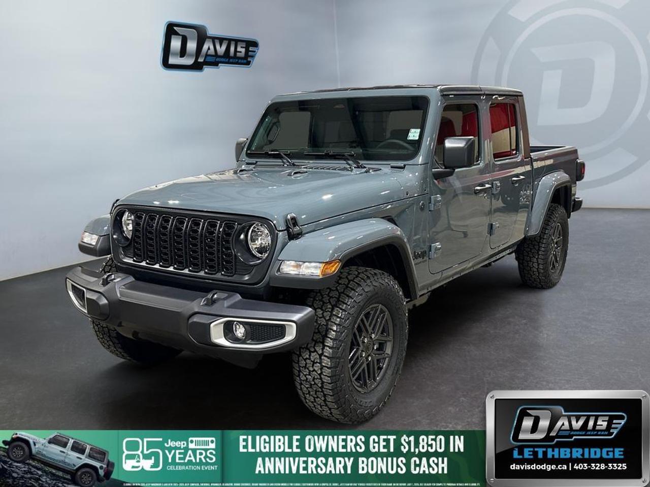 <b>Aluminum Wheels, Trailer Sway Control, Apple CarPlay, Android Auto, Proximity Key!<br /> <br /></b><br /> The 2026 Jeep Gladiator Sport S 4x4 delivers authentic Jeep capability with the versatility of a midsize pickup, making it a standout choice for drivers who want both off-road confidence and everyday usability. Finished in Anvil Clear Coat, this Gladiator features bold styling with body-color fender flares, black exterior accents, fog lamps, Trail Rated® badging, and durable 17-inch gray aluminum wheels, paired with a black 3-piece hard top for true open-air Jeep freedom.<br /><br />Powered by the proven 3.6L V6 engine with ESS and an 8-speed automatic transmission, the Gladiator Sport S is built to perform on highways, job sites, and trails alike. The Command-Trac® part-time 4WD system, Dana front and rear axles, 3.73 rear axle ratio, skid plates, tow hooks, and a Class II hitch with 7- and 4-pin wiring deliver strong towing capability and trail-ready durability, while trailer sway control and advanced brake assist enhance confidence in all conditions.<br /><br />Inside, the Gladiator Sport S combines rugged utility with modern technology, featuring Uconnect 5 with a 12.3-inch touchscreen, Apple CarPlay, Android Auto, Alexa Built-In, Bluetooth, and a 4G LTE Wi-Fi hotspot. Comfort and convenience highlights include air conditioning, power windows, premium-wrapped steering wheel, rear sliding window, MOLLE storage panels, and a lockable tailgate. Safety features such as adaptive cruise control with stop, forward collision warning, ParkView rear backup camera, stability control, and multiple airbags round out this well-equipped truck. The 2026 Jeep Gladiator Sport S 4x4 is a perfect blend of Jeep toughness, smart technology, and pickup practicality.<br /> <br />To apply right now for financing use this link: <a href=https://lethbridge.davisdodge.ca/free-credit-check/ target=_blank rel=nofollow noopener noreferrer>https://lethbridge.davisdodge.ca/free-credit-check/</a><br /> <br /><br />As a premier Chrysler, Dodge, Jeep and RAM dealership, Davis Dodge proudly offers an extensive selection of new and used vehicles to meet every drivers needs. Customers across Lethbridge, Fort Macleod, Taber, Claresholm, Coaldale, and beyond trust us for daily vehicle specials, certified service and parts, and a seamless online inventory experience. <br /><br /> With competitive financing options and expert support, we make car buying easy and enjoyable. <br /><br /> Ready to hit the road? Schedule your test drive today at Davis Dodge, your trusted Chrysler, Dodge, Jeep and RAM dealer in Lethbridge, Alberta.<br /><br /> Vehicle pricing offer shown expires 2026-07-31. <br /> Come by and check out our fleet of 50+ used cars and trucks and 110+ new cars and trucks for sale in Lethbridge. o~o