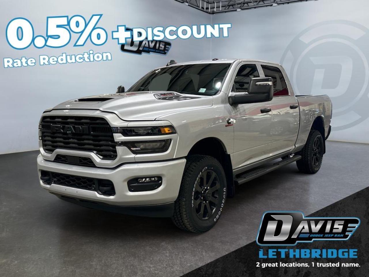 <b>Adaptive Cruise Control, Powered Driver Seat, 400W Inverter, Collision Mitigation!<br /> <br /></b><br /> <br /> <br />2026 Ram 2500 Black Express 4x4  The 2026 Ram 2500 Black Express is built for heavy-duty performance with exceptional towing and hauling capabilities. Powered by the 6.7L Cummins I6 Turbo Diesel engine paired with an 8-speed TorqueFlite automatic transmission and 4x4 drivetrain, this truck is ready for the toughest jobs. With features like a Class V receiver hitch, trailer brake control, 5th-wheel/gooseneck prep, and electronic trailer sway damping, its engineered for maximum capability. The Black Express trim with matte black grille, black badging, and 20-inch black painted aluminum wheels gives it a commanding, aggressive look.<br /><br />Inside, the Black Express balances rugged functionality with modern convenience. A 12-inch Uconnect 5 touchscreen display with Apple CarPlay, Android Auto, Alexa Built-In, SiriusXM, and 4G LTE Wi-Fi hotspot keeps you connected, while dual-zone automatic climate control, power-adjustable driver seat, and heavy-duty interior materials make workdays and road trips more comfortable. Advanced safety technologies like adaptive cruise control with stop/go, park assist, pedestrian/cyclist emergency braking, and full-speed forward collision warning provide peace of mind on every drive.<br /><br />This Ram 2500 Black Express also delivers smart utility with LED bed lighting, Mopar spray-in bedliner, capless fuel fill, 400W inverter, and dual auxiliary power outlets. Whether youre towing a trailer, hauling equipment, or navigating off-road terrain, the 2026 Ram 2500 Black Express combines powerful diesel performance, bold styling, and advanced tech in a heavy-duty truck designed to handle any challenge.<br /> <br />To apply right now for financing use this link: <a href=https://lethbridge.davisdodge.ca/free-credit-check/ target=_blank rel=nofollow noopener noreferrer>https://lethbridge.davisdodge.ca/free-credit-check/</a><br /><br /> <br /><br />As a premier Chrysler, Dodge, Jeep and RAM dealership, Davis Dodge proudly offers an extensive selection of new and used vehicles to meet every drivers needs. Customers across Lethbridge, Fort Macleod, Taber, Claresholm, Coaldale, and beyond trust us for daily vehicle specials, certified service and parts, and a seamless online inventory experience. <br /><br /> With competitive financing options and expert support, we make car buying easy and enjoyable. <br /><br /> Ready to hit the road? Schedule your test drive today at Davis Dodge, your trusted Chrysler, Dodge, Jeep and RAM dealer in Lethbridge, Alberta.<br /><br /> Vehicle pricing offer shown expires 2026-03-31. <br /> Come by and check out our fleet of 60+ used cars and trucks and 120+ new cars and trucks for sale in Lethbridge. o~o