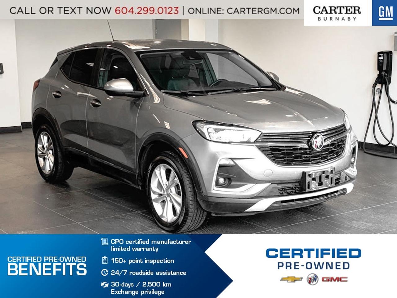 NO ACCIDENTS | ONE OWNER
Discover the perfect blend of style, confidence, and capability in this 2023 Buick Encore GX Preferred AWD. Powered by a responsive ECOTEC 1.3L Turbo engine, it delivers efficient performance with added control from StabiliTrak stability control. Enjoy everyday convenience with heated power-adjustable mirrors, a rear cargo security cover, and advanced safety features like a Rear Vision Camera, Following Distance Indicator, Tire Fill Alert, and Tire Pressure Monitoring System.

Come take it for a test drive today and experience all this stylish vehicle has to offer!

WHY CARTER GM BURNABY?

- An unrivalled vehicle purchasing experience!
- Exceeding our loyal customers expectations since 1963
- 4.5 Google star rating (with 2,175+ customer reviews)
- Cargurus Top-rated Dealer 2025 Award
- Cargurus Top Value Dealer 2025 Award
- Peace of mind - 150-point vehicle inspection
- CARFAX - full vehicle service history - purchase with confidence!
- Vehicle trades welcome! Best price guaranteed!
- We provide upfront pricing, zero hidden fees, and 100% transparency
- Fast approvals and 99% acceptance rates (no matter your current credit status!)
- Multilingual staff (many languages spoken)
- Comfortable non-pressured environment with in-store television, WIFI and a childrens play area!
- In-store restaurant: fresh daily menu





Were here to help you drive the vehicle you want, the vehicle you deserve!
QUESTIONS? GREAT! WEVE GOT ANSWERS!
To speak with a friendly vehicle specialist - CALL NOW!
The advertised price includes all standard dealer fees and any applicable manufacturer or dealer incentives. It does not include applicable taxes, licensing, insurance, or optional products or services. Dealer fees will be clearly broken out and itemized on the bill of sale, maximum total of fees $495.00. Prices are shown in Canadian dollars. While we make every effort to ensure accuracy, vehicle details, pricing, options, and availability are subject to change without notice. Please confirm all information with dealership sales management before purchase. Dealer Code: 81129