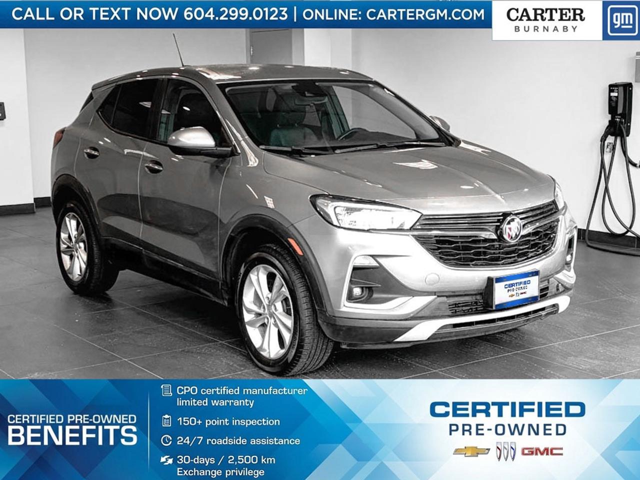 NO ACCIDENTS | ONE OWNER
Discover the perfect blend of style, confidence, and capability in this 2023 Buick Encore GX Preferred AWD. Powered by a responsive ECOTEC 1.3L Turbo engine, it delivers efficient performance with added control from StabiliTrak stability control. Enjoy everyday convenience with heated power-adjustable mirrors, a rear cargo security cover, and advanced safety features like a Rear Vision Camera, Following Distance Indicator, Tire Fill Alert, and Tire Pressure Monitoring System.

Come take it for a test drive today and experience all this stylish vehicle has to offer!

WHY CARTER GM BURNABY?

- An unrivalled vehicle purchasing experience!
- Exceeding our loyal customers expectations since 1963
- 4.5 Google star rating (with 2,300+ customer reviews)
- Cargurus Top-rated Dealer 2025 Award
- Cargurus Top Value Dealer 2025 Award
- Peace of mind - 150-point vehicle inspection
- CARFAX - full vehicle service history - purchase with confidence!
- Vehicle trades welcome! Best price guaranteed!
- We provide upfront pricing, zero hidden fees, and 100% transparency
- Fast approvals and 99% acceptance rates (no matter your current credit status!)
- Multilingual staff (many languages spoken)
- Comfortable non-pressured environment with in-store television, WIFI and a childrens play area!
- In-store restaurant: fresh daily menu





Were here to help you drive the vehicle you want, the vehicle you deserve!
QUESTIONS? GREAT! WEVE GOT ANSWERS!
To speak with a friendly vehicle specialist - CALL NOW!
The advertised price includes all standard dealer fees and any applicable manufacturer or dealer incentives. It does not include applicable taxes, licensing, insurance, or optional products or services. Dealer fees will be clearly broken out and itemized on the bill of sale, maximum total of fees $595.00. Prices are shown in Canadian dollars. While we make every effort to ensure accuracy, vehicle details, pricing, options, and availability are subject to change without notice. Please confirm all information with dealership sales management before purchase. Dealer Code: 81129