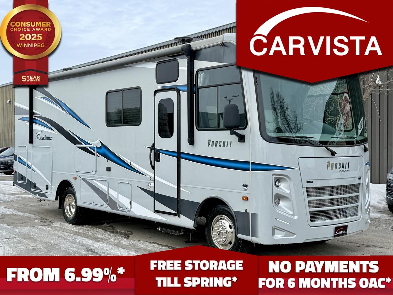 2021 Coachmen Pursuit 29SS &mdash; Specifications

Mileage: Only 5,500 miles

Ford F53 chassis

Ford 7.3L V8 (gas) powertrain

Approx. 350 HP / 468 lb-ft with 6-speed automatic transmission

GVWR: 18,000 lbs

GCWR: 23,000 lbs

Wheelbase: 190"

Fuel capacity: 80 gallons

LP capacity: 20 gallons

Dimensions

Exterior length: 30 3" (without ladder)

Exterior height: 12 (with A/C)

Exterior width: 102" (86")

Towing

5,000 lb hitch with 7-way plug

Tanks / utilities

Fresh water: 50 gal

Grey water: 35 gal

Black water: 35 gal

Water heater: 6 gal gas/electric DSI

Furnace: 30,000 BTU

Power: 50 amp service

A/C: Dual 15,000 BTU roof A/Cs



Options & features

Exterior / camping convenience

4 Point Automatic leveling jacks

Power patio awning

Outside entertainment center with TV

Backup monitor with side-view cameras

Exterior propane quick-connect

Exterior Bluetooth TV audio speakers

Power entrance step

Roof ladder

Power heated mirrors

High-gloss sidewalls with lightweight composite (Azdel-style construction)

Crowned laminated roof

Power & off-grid capability

Onan 5.5kW generator

100W roof solar panel with controller

Automatic transfer switch

Coach command center, converter/distribution panel, GFI protection, outside receptacle, emergency start switch

Interior layout highlights

Manual drop-down front bunk for extra sleeping space without taking up floor room

Dream Booth dinette (converts to a bed)

Reclining/swivel pilot seats

Dedicated computer workstation with USB / 12V / 120V outlets

Pleated privacy shades, premium flooring, upgraded cabinetry hardware and drawers

Kitchen (galley)

12V 10 cu. ft. stainless double-door refrigerator

3-burner range with glass cover

Stainless microwave, stainless sink, high-rise faucet

Tile-style backsplash and practical storage throughout

Bathroom

Porcelain toilet with foot flush

One-piece shower surround with retractable shower door

Power bath vent + skylight over shower

Black tank flush

Bedroom / comfort

Upgraded mattress 

Bedroom TV 

CPAP-ready cabinet/storage features



Description

If you&rsquo;re looking for a Class A that still feels tight, nimble, and easy to travel in&mdash;but offers the comforts you actually want once you&rsquo;re parked&mdash;the Pursuit 29SS is a sweet spot. With only 5,500 miles, this one is barely broken in and backed by the confidence of a Ford 7.3L V8 chassis known for strong power delivery and dependable road manners.

The 29SS is built around a spacious, open living area that&rsquo;s ideal for couples who like room to stretch out, but it&rsquo;s also ready for family weekends thanks to the drop-down bunk and convertible dinette sleeping space. Up front, the cockpit is designed for real travel days&mdash;comfortable pilot seats, smart storage, and a dedicated workstation so you can keep devices charged and plans organized.

Where this coach really shines is in its &ldquo;set-up and relax&rdquo; simplicity: automatic leveling jacks, a power awning, a generator, and solar help make campground or off-grid stays easy. Inside, you get a functional kitchen with a large 12V fridge and a full cooking setup, plus a bathroom that&rsquo;s designed to be easy to live with (including a real shower enclosure and black tank flush). Add dual 15K A/C units and 50-amp service, and you&rsquo;re set for hot summer trips without compromise.

Come see why Carvista has been the Consumer Choice Award Winner for 5 consecutive years! 2021, 2022, 2023, 2024 and 2025! Dont play the waiting game, our units are in-stock, no pre-order necessary!! See for yourself why Carvista has won this prestigious award and continues to serve its community. Carvista Approved! Our RVista package includes a complete inspection of your camper that includes general testing of the camper systems! We pride ourselves in providing the highest quality trailers possible, and include a rigorous detail to ensure you get the cleanest trailer around.

Prices and payments exclude GST OR PST 

Carvista Inc. Dealer Permit # 1211

Category: Used Camper

Units may not be exactly as shown, please verify all details with a sales person.