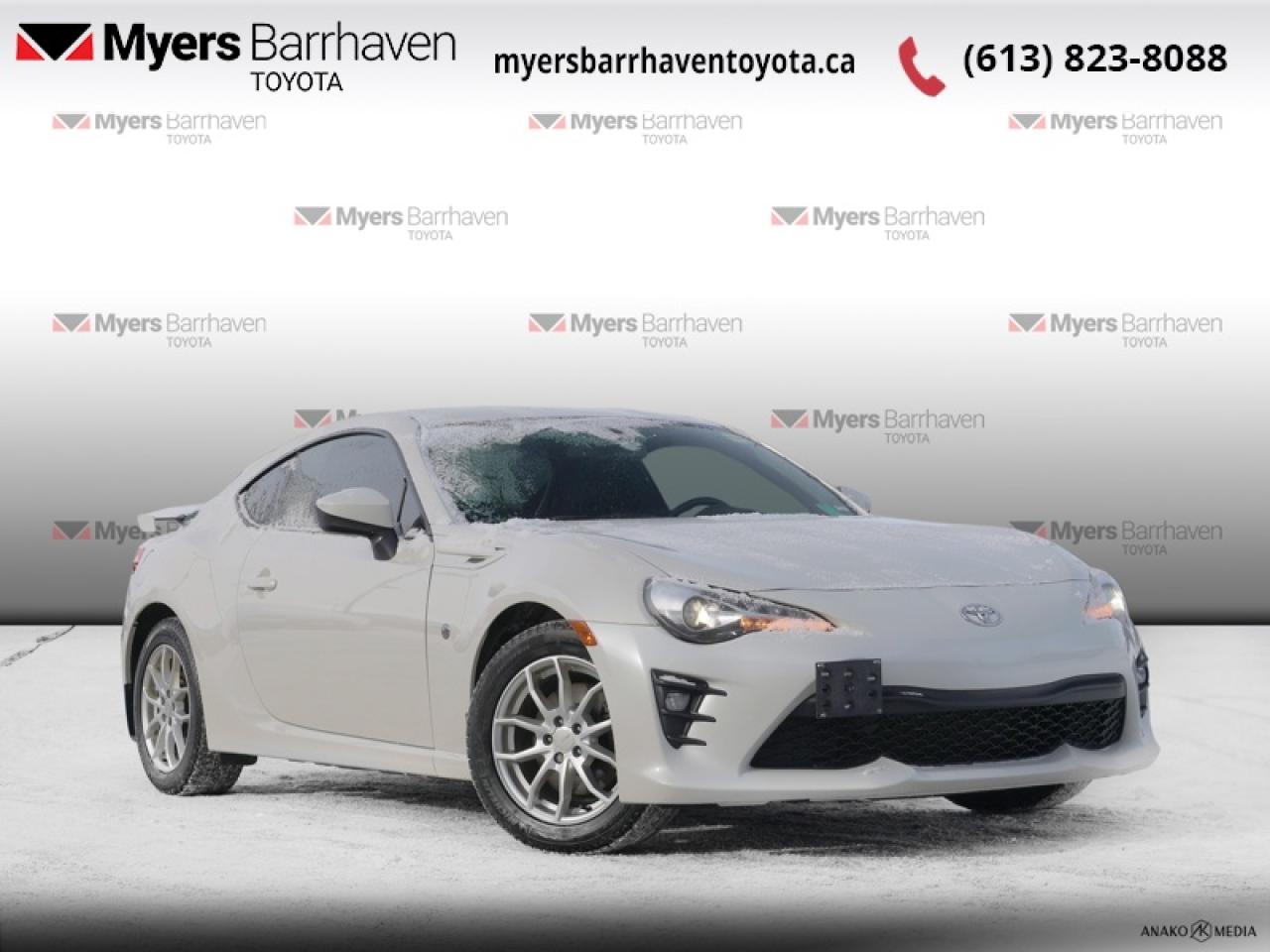 <b>Leather Seats!</b><br> <br>  Compare at $21734 - Our Live Market Price is just $20898! <br> <br>The pulse-pounding power of the Toyota 86 makes it drive like a true race car, while the lightweight design and compact size allow it to handle like one too. This 2019 Toyota 86 is fresh on our lot in Ottawa. <br> <br>Designed with pure driving enjoyment in mind, this 2019 Toyota 86 pays homage to Toyotas renowned sports car heritage. Featuring a boxer engine, rear-wheel drive, performance sports car handling complemented by a driver-focused interior. Equally at home on the track as it is on the streets, this Toyota 86 is the sports car youve always wanted, for less than you ever expected. This coupe has 106,608 km. Its Halo in colour. It has a Manual transmission and is powered by a 205HP 2.0L 4 Cylinder Engine. <br> <br> Our 86s trim level is Manual GT. This Toyota 86 offers a perfect balance of performance and exceptional handling. It comes fully loaded with a 7 inch touch screen with a powerful 8 speaker audio system, LED headlamps, stylish aluminum wheels, leather bucket seats with alcantara inserts that are heated, a leather wrapped steering wheel, rear view camera with rear wing spoiler, cruise control, automatic climate control, VSC electronic stability control, proximity remote keyless entry plus much more. This vehicle has been upgraded with the following features: Leather Seats.<br> <br>To apply right now for financing use this link: <a href=https://www.myersbarrhaventoyota.ca/quick-approval/ target=_blank>https://www.myersbarrhaventoyota.ca/quick-approval/</a><br><br> <br/><br> Buy this vehicle now for the lowest bi-weekly payment of <b>$199.85</b> with $0 down for 60 months @ 8.99% APR O.A.C. ( Plus applicable taxes -  Plus applicable fees   ).  See dealer for details. <br> <br>At Myers Barrhaven Toyota we pride ourselves in offering highly desirable pre-owned vehicles. We truly hand pick all our vehicles to offer only the best vehicles to our customers. No two used cars are alike, this is why we have our trained Toyota technicians highly scrutinize all our trade ins and purchases to ensure we can put the Myers seal of approval. Every year we evaluate 1000s of vehicles and only 10-15% meet the Myers Barrhaven Toyota standards. At the end of the day we have mutual interest in selling only the best as we back all our pre-owned vehicles with the Myers *LIFETIME ENGINE TRANSMISSION warranty. Thats right *LIFETIME ENGINE TRANSMISSION warranty, were in this together! If we dont have what youre looking for not to worry, our experienced buyer can help you find the car of your dreams! Ever heard of getting top dollar for your trade but not really sure if you were? Here we leave nothing to chance, every trade-in we appraise goes up onto a live online auction and we get buyers coast to coast and in the USA trying to bid for your trade. This means we simultaneously expose your car to 1000s of buyers to get you top trade in value. <br>We service all makes and models in our new state of the art facility where you can enjoy the convenience of our on-site restaurant, shuttle van, free Wi-Fi, Enterprise Rent-A-Car, on-site tire storage, and complimentary drinks. Come see why many Toyota owners are making the switch to Myers Barrhaven Toyota. <br>*LIFETIME ENGINE TRANSMISSION WARRANTY NOT AVAILABLE FOR VEHICLES WITH KMS EXCEEDING 140,000KM, VEHICLES 8 YEARS & OLDER, HIGHLINE BRAND VEHICLES (e.g., BMW, INFINITI, CADILLAC, LEXUS), AND QUEBEC RESIDENTS.<br> Come by and check out our fleet of 100+ used cars and trucks and 40+ new cars and trucks for sale in Ottawa.  o~o
